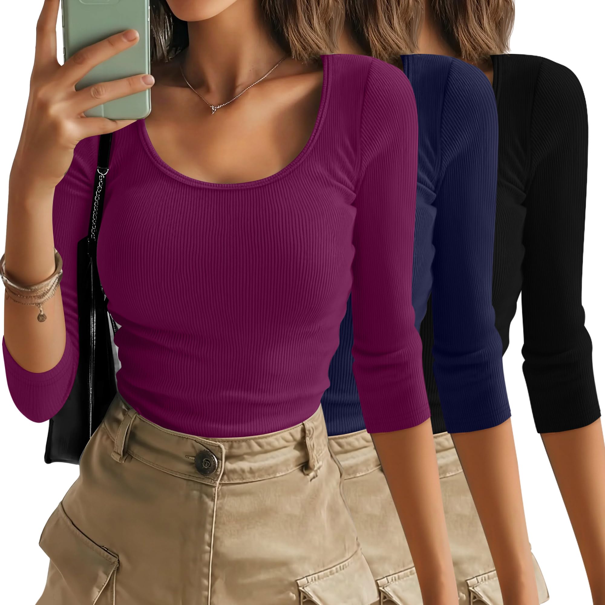 Xaatren 3 Pack 3/4 Length Sleeve Tops for Women Ribbed Scoop Neck Slim Fitted T-Shirts Summer Casual Basic Tight Tees