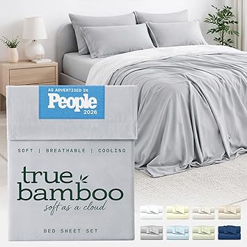 TRUE BAMBOO Sheets Set Queen Size - Silky Soft & Naturally Cooling for Hot Sleepers - Luxe 4 Pcs Bed Sheets with Breathable & Moisture-Wicking Fabric - 16" Deep Pocket with Corner Straps, Light Gray