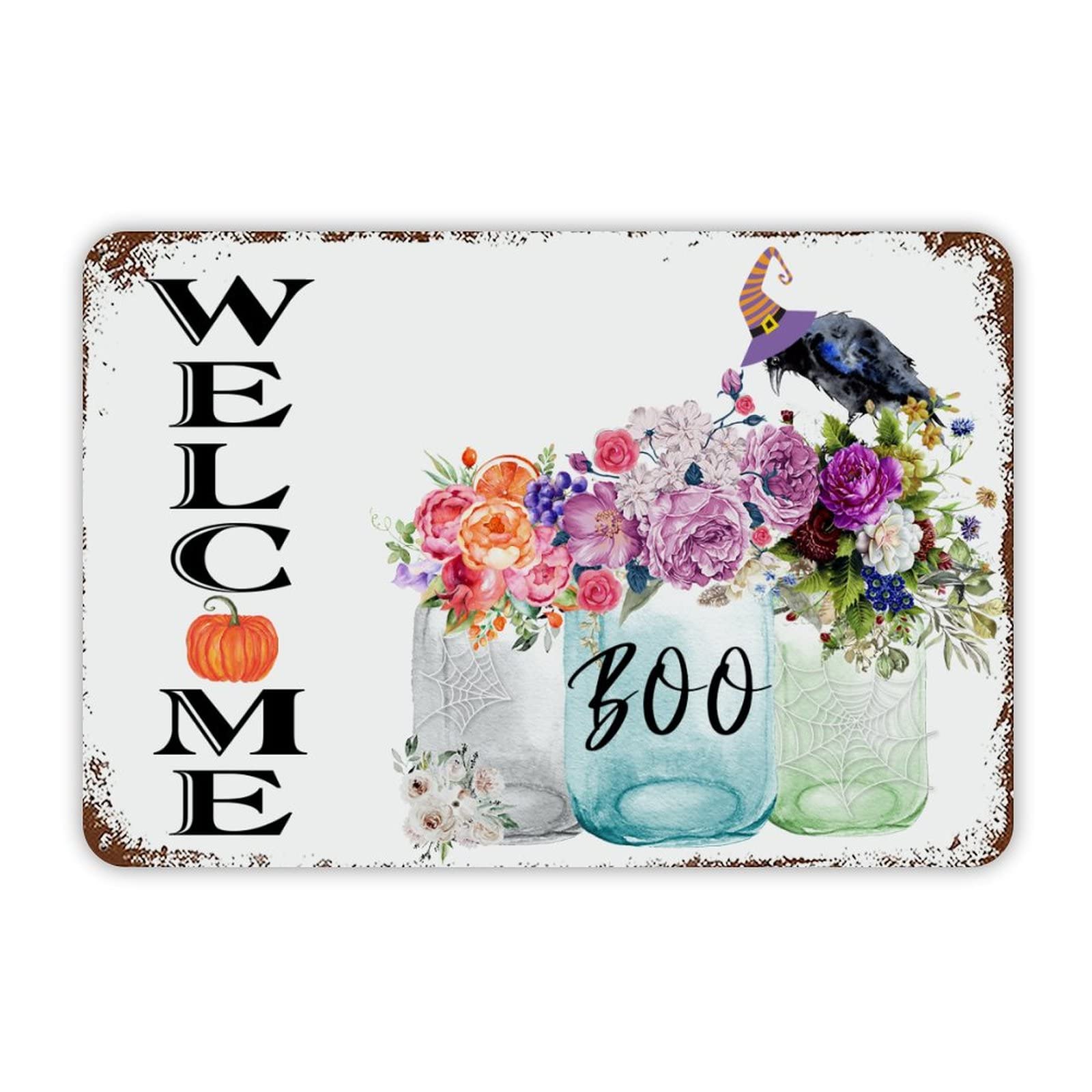 ENEDNATE Welcome Halloween Floral Vase Crow Aluminum Tin Metal Sign for Indoor Outdoor Business Retail Store Patio Yard Home Decoration Easy to Mount Wall Art Print Poster 8x12 Inch