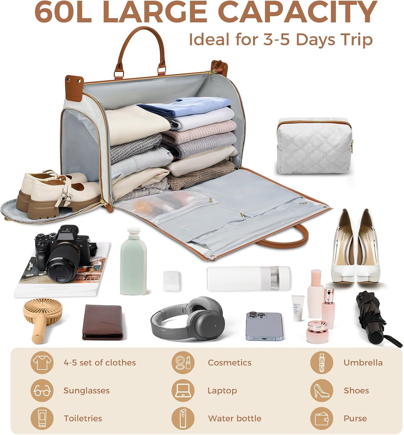 Ytonet Convertible Garment Duffle Bags for Travel, 60L Large Carry On Garment Bag Women with Double Layer Space, 2 in 1 Suit Travel Bag Overnight Bags with Packing Cube for Hanging Clothes 4pcs Set - Image 3