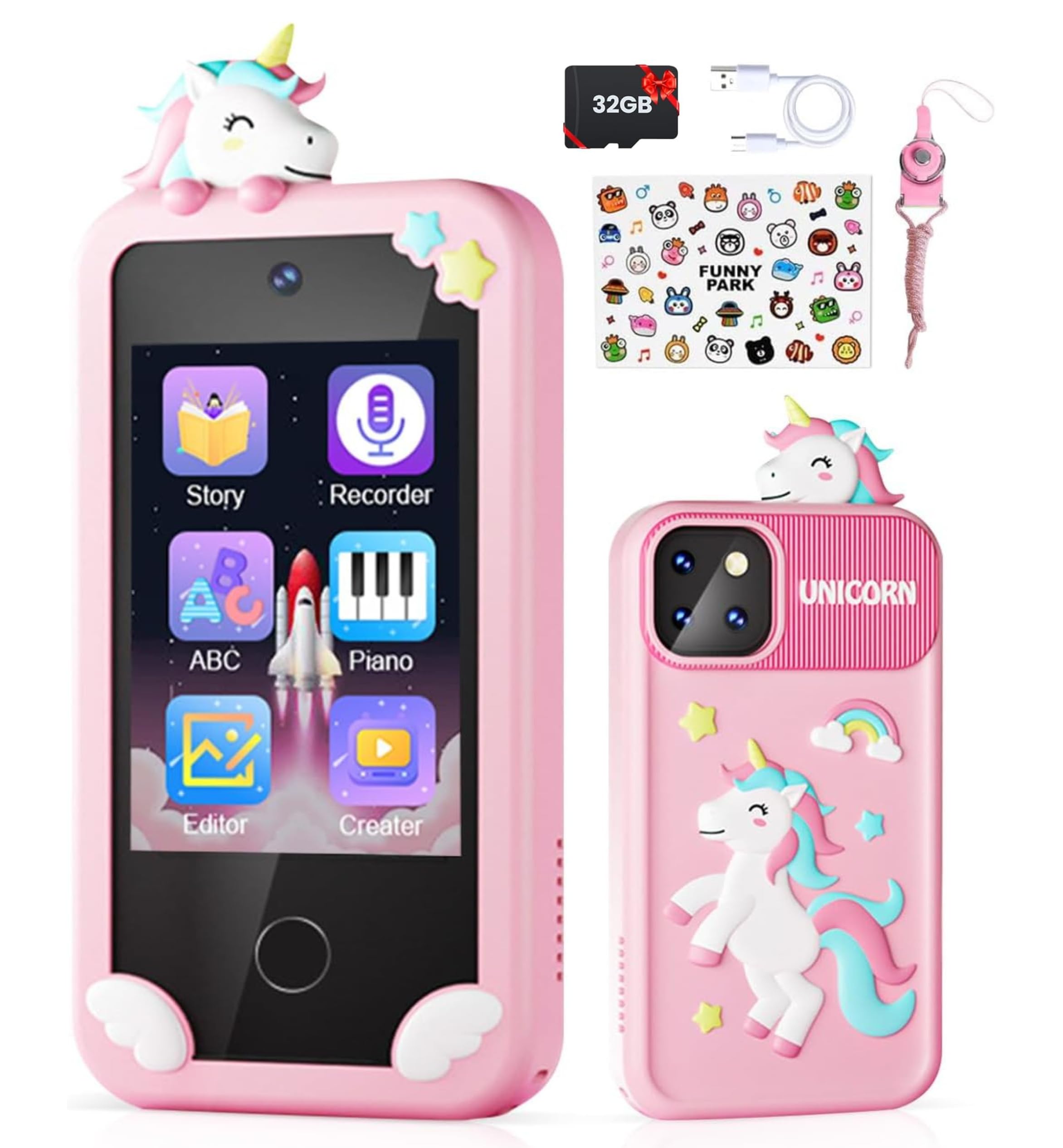 ARSH Kids Smart Phone Toy, 8GB TF Card Unicorn Design Kids Cell Phone Touchscreen Dual Camera Hologram Kit Music Player Learning Apps Toddler Toy Mobile (Pink)