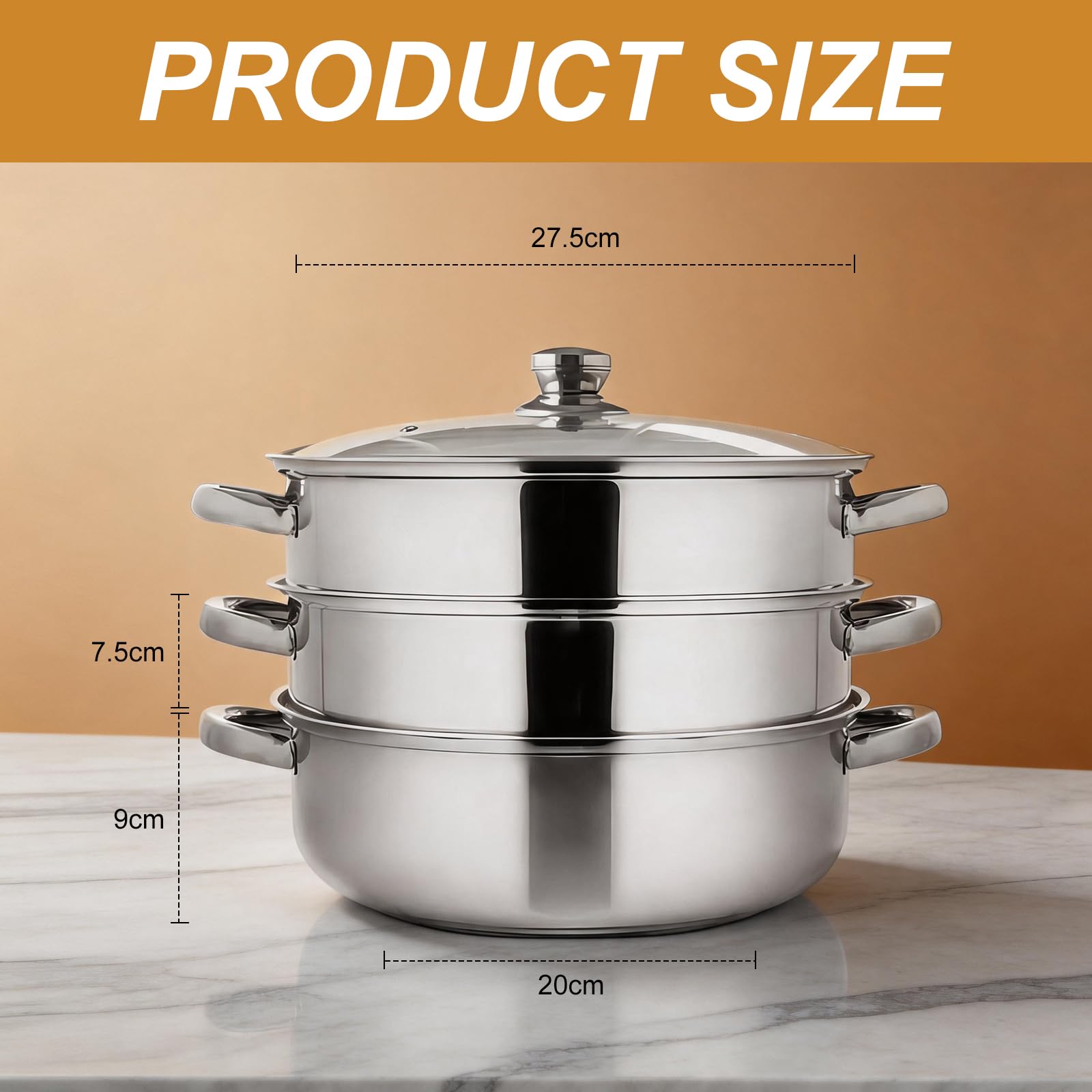Cuiseur vapeur en acier inoxydable de 28 cm avec 3 inserts vapeur, couvercle en verre et pince à vapeur, pour tous les types de feux, pour la cuisson des légumes, des fruits de mer, des soupes, des