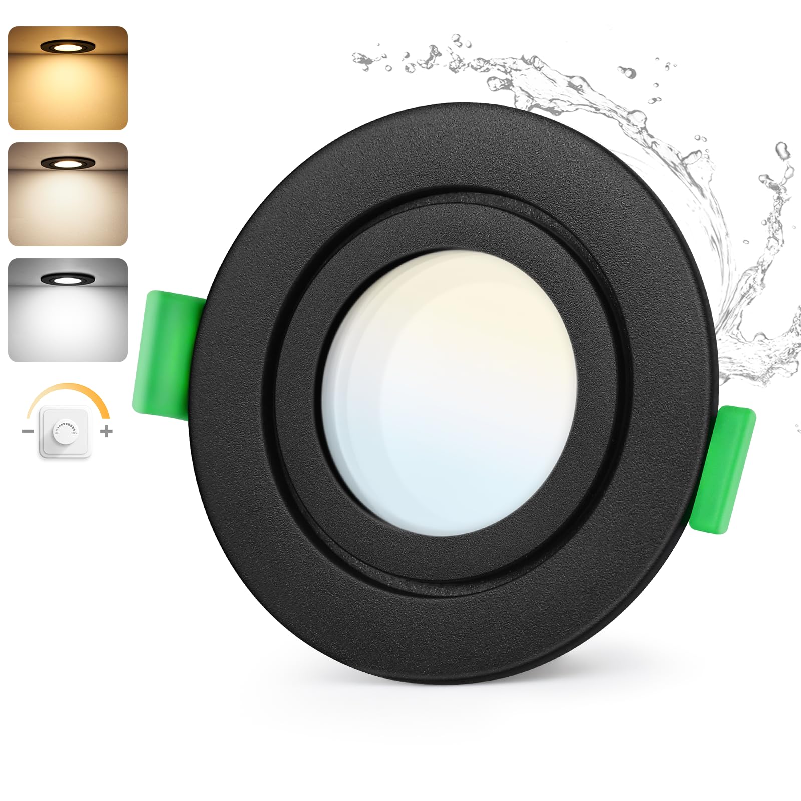 GeyouLux LED Einbaustrahler 230V Dimmbar, 5W IP65 Deckenspots, Einbauleuchten 65-75mm EinbauØ, 2700K/4000K/6000K Ultra Flach Einbauspots, 3CCT Spots für Badezimmer Wohnzimmer Schwarz