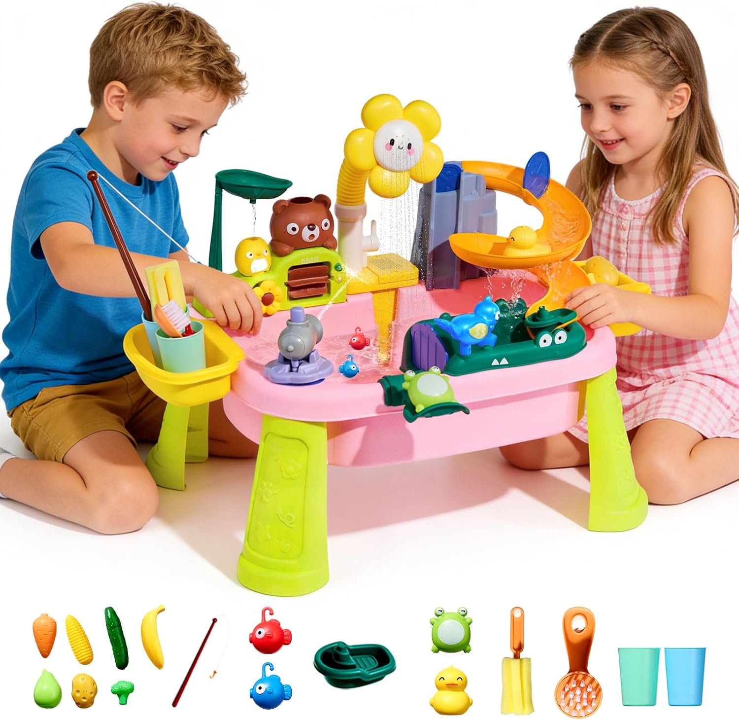 Upgraded Toddler Sand Water Table Toy with Electric Water Pump, Kids Sand Water with Faucet/Play Food Accessories/Fishing Toy, Kitchen Play Sink Toys for Girl Boy Age 3+ (Blue)