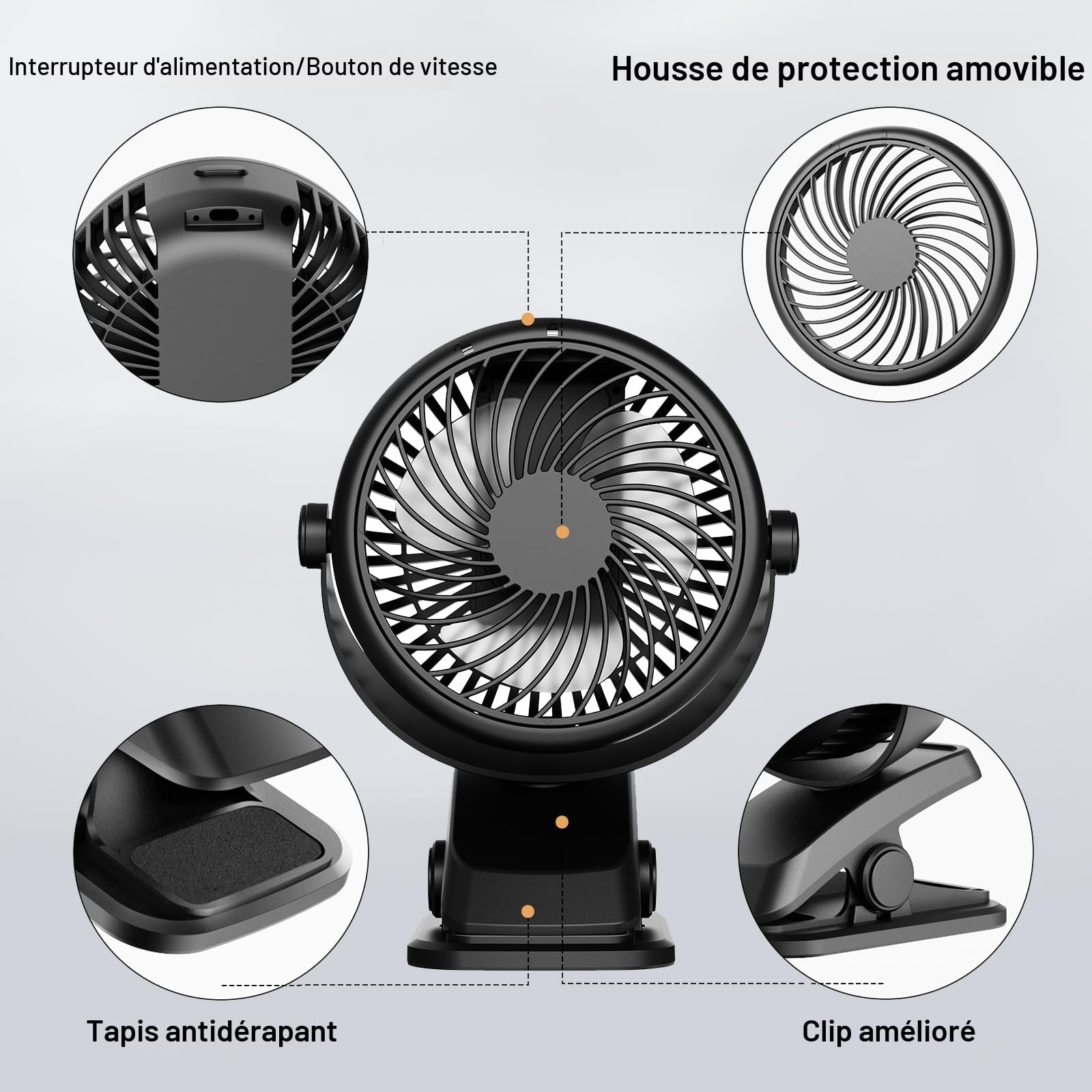 Mini Ventilateur Pince Silencieux, USB C Ventilateur Portable, Petit Ventilateur Bureau 3 Vitesses, Rechargeable Batterie Ventilateur de Table pour Chambre Poussette Camping Voiture Voyage