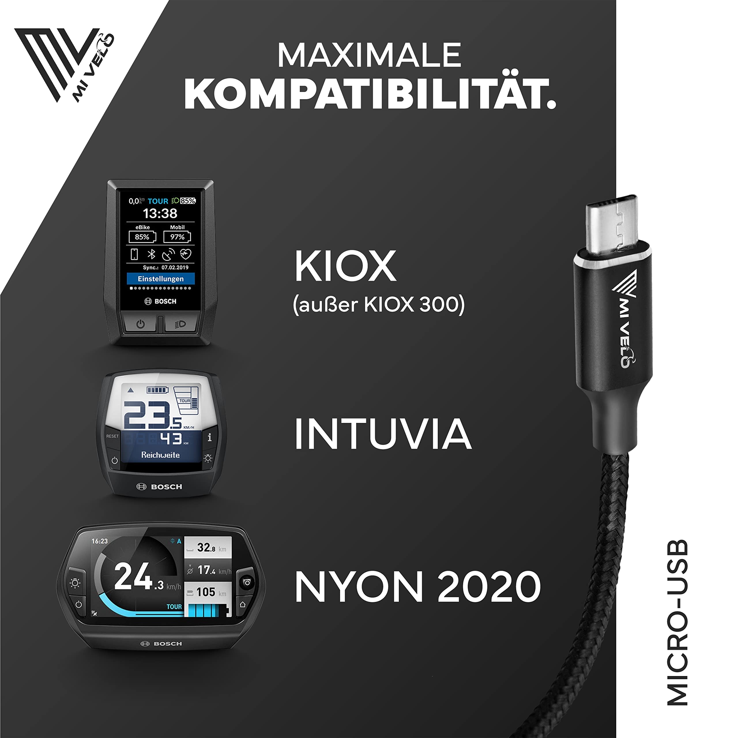 MIVELO E-Bike Ladekabel für Bosch Intuvia, Kiox(außer 300), Nyon (alt)