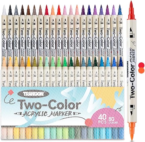 TRANSON Juego de marcadores de pintura acrílica de 80 colores, 40 bolígrafos de pintura acrílica de doble color con puntas de pincel versátiles para