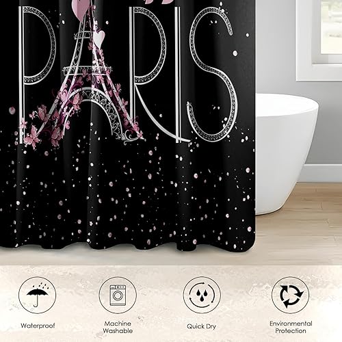 Miniatura 3 de Bribay Juego de cortinas de ducha de 4 piezas, diseño de mariposa rosa francesa, impermeable, accesorios de baño con alfombras antideslizantes,