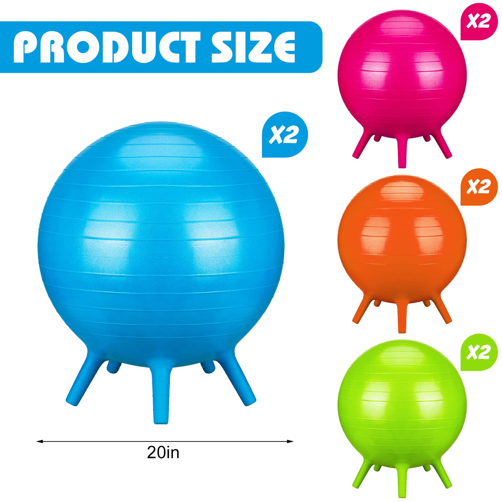 8 Pack Chair Ball with Feet for Kids Classroom Seating Ball Yoga Ball Chair Flexible Balance Chair for School Students Alternative Seating Includes Air Pump (Rose Red, Green, Orange, Blue, 20 Inch)