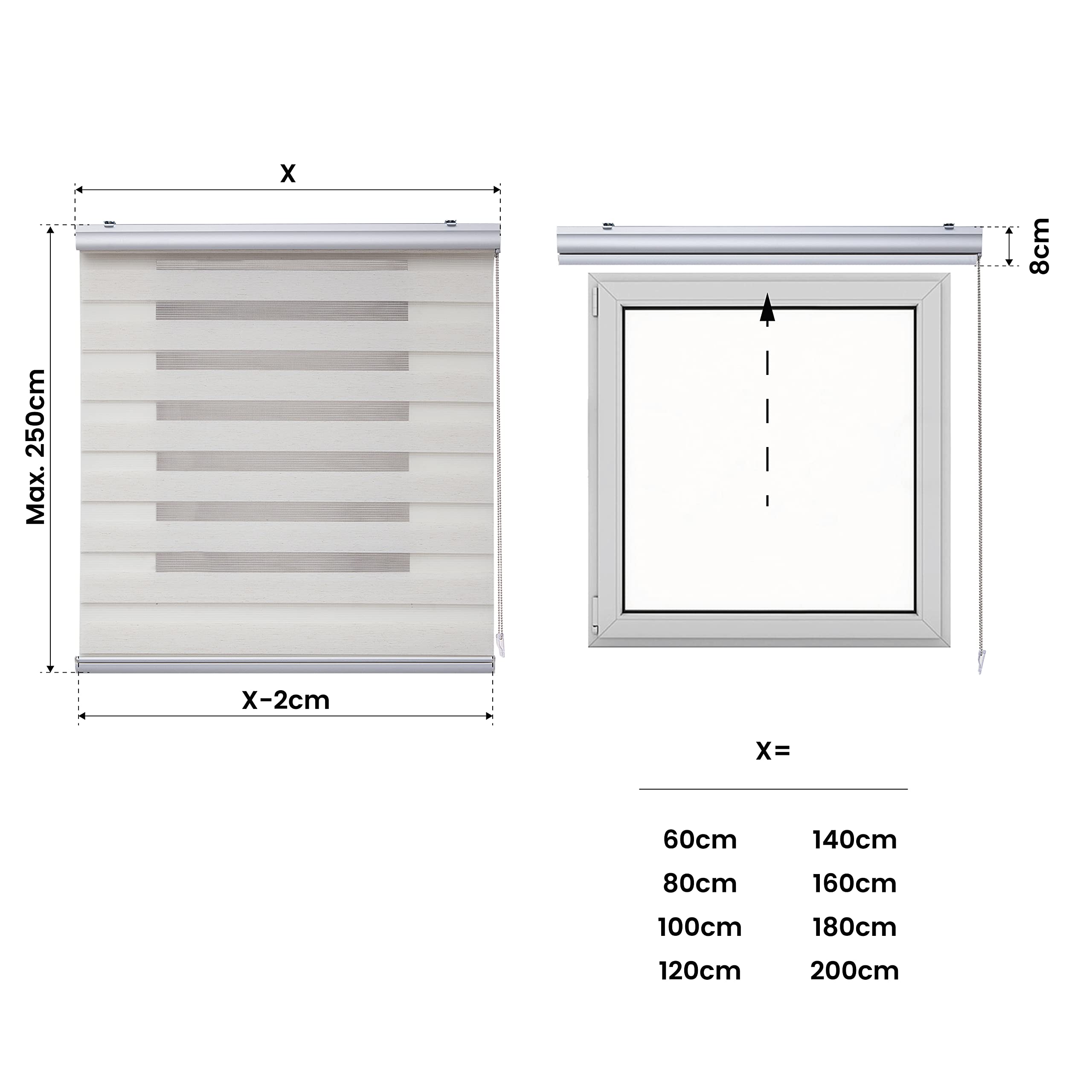 Estores Basic - Tenda notte e giorno superiore, avvolgibile notte e giorno per finestre e porte, finiture di qualità, lino, 80 x 250 cm