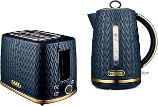 TOWER Empire Midnight Blue 1.7L 3KW Jug Kettle & 2 Slice Toaster. Stylish 20`s Art Deco Design Kettle & Toaster Set in Midnight Blue with Brass Accents, (TWREMPJKT2MNB)