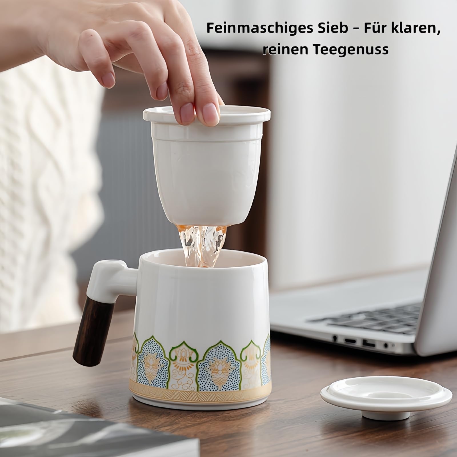 Teetasse mit Deckel & Sieb 400ml, Keramik Becher mit Holzgriff & Porzellanfilter für Büro, Haushalt oder Geschenk (Elfenbein - 4 Stück)