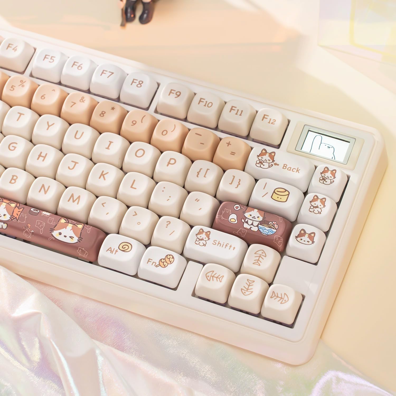 142 Teclas Lindas Teclas de Perfil Moa, Teclas PBT, Teclas Personalizadas Gatos, Teclas Blancas 60 por ciento Lindas Teclas para Teclado Mecánico