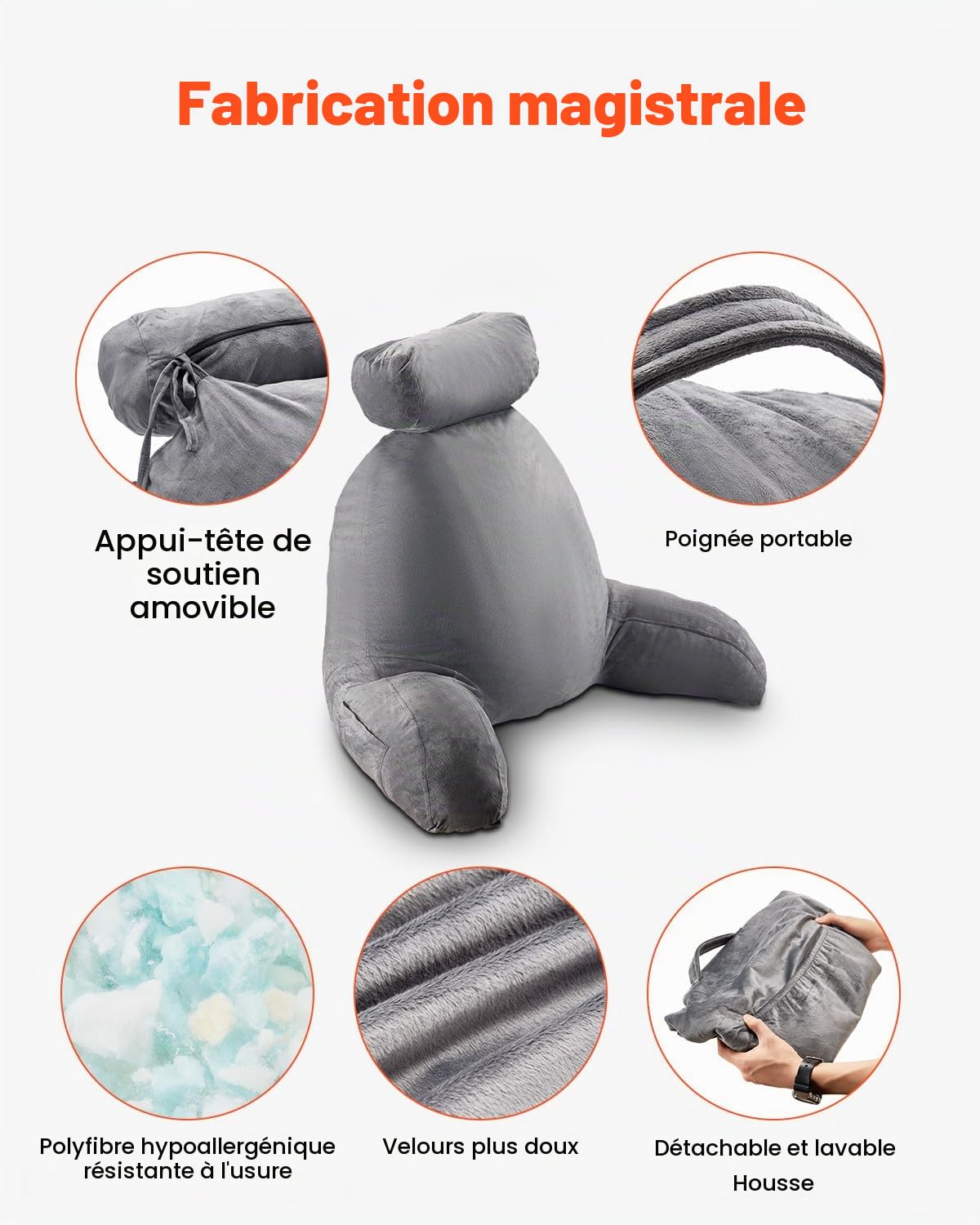 VEVOR Coussin de lecture avec appui-tête amovible, grand oreiller de lecture en mousse à mémoire de forme, avec 3 poches et tissu en velours court lavable, côtés avec poignée, pour lire et jouer, gris