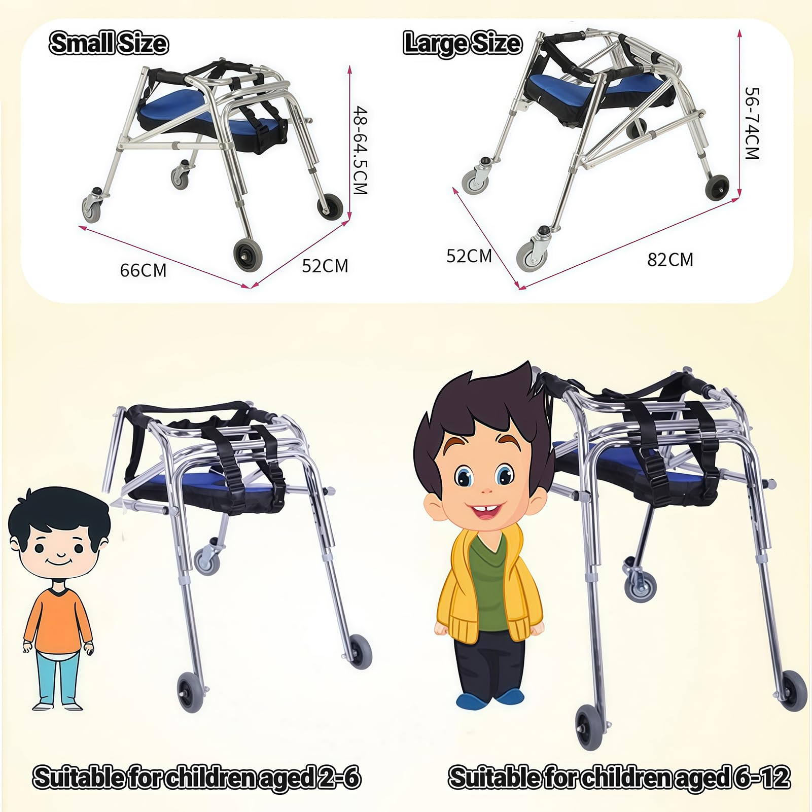 Andador plegable pediátrico ajustable con ruedas, andador ligero de aleación de aluminio para rehabilitación y ayuda a la movilidad