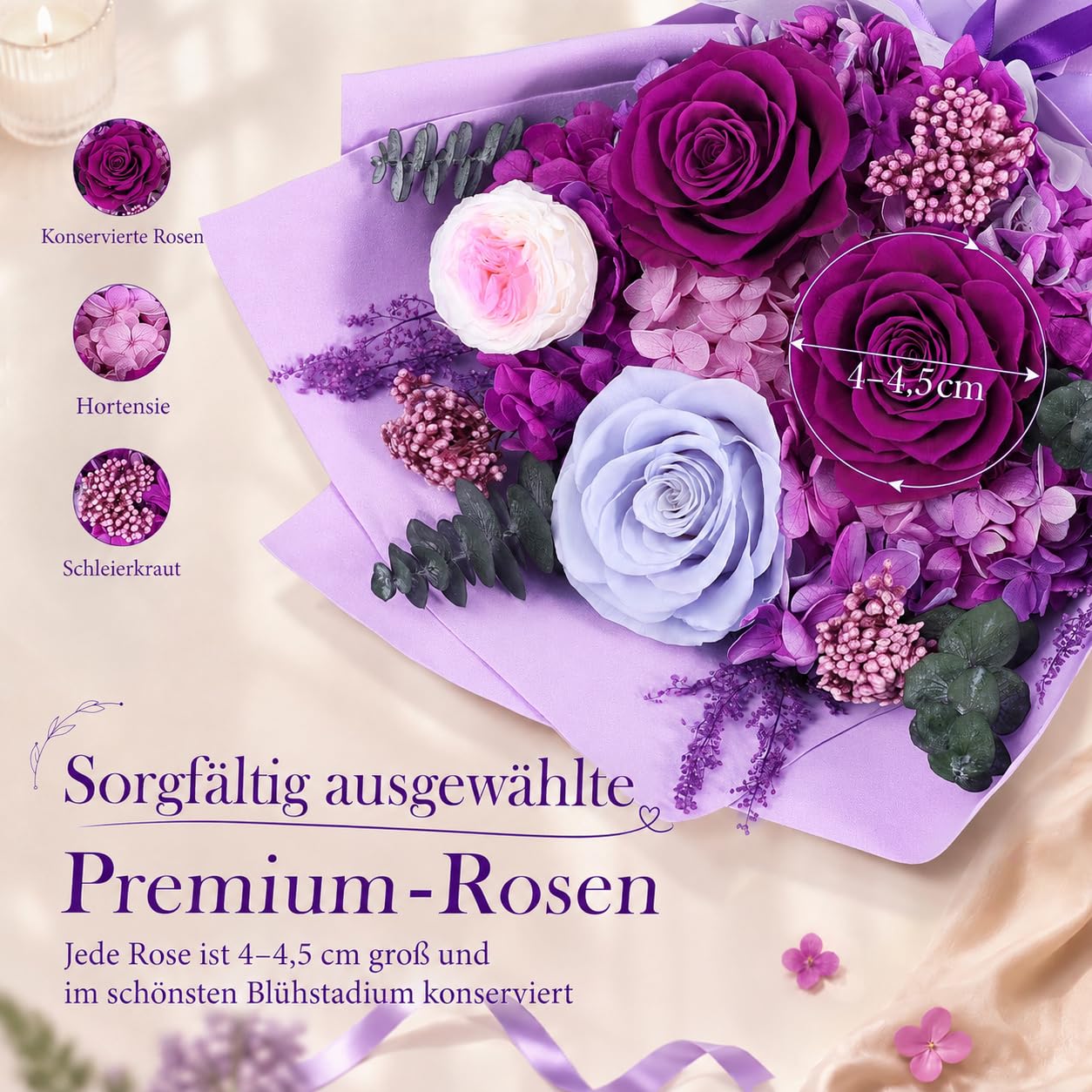Ewiger Blumenstrauß Dunkellila, konservierte Rosen, für Frauen Mama | Echte konservierte Rosen,jahrelang haltbar; mit Geschenkbox; zum Muttertag, Geburtstag, Jahrestag für Mama, Oma, Ehefrau