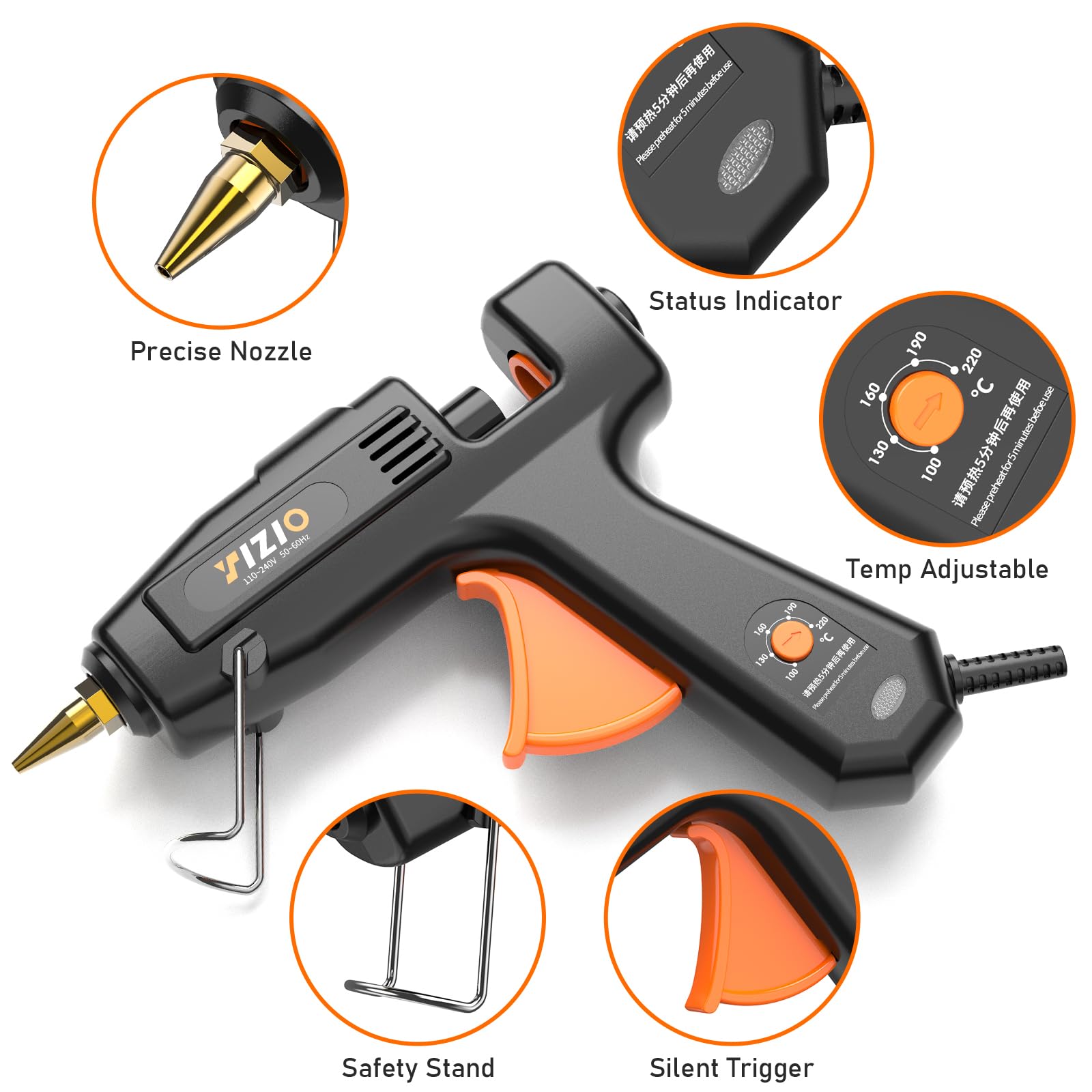 IZIO Set completo di pistola per colla a caldo e bastoncini, temperatura regolabile da 100 a 220 W, preriscaldamento rapido, colla industriale resistente, 30 bastoncini di colla a caldo per
