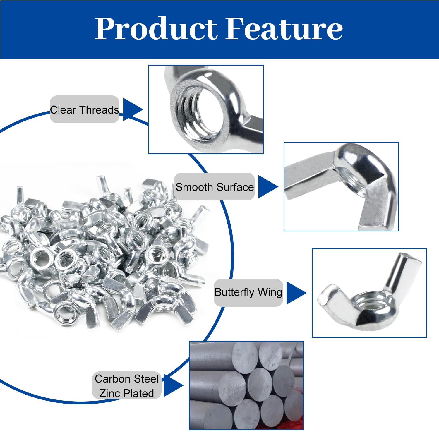 Roax 3/16-24 Butterfly Nuts Carbon Steel Wing Nuts Zinc Plating