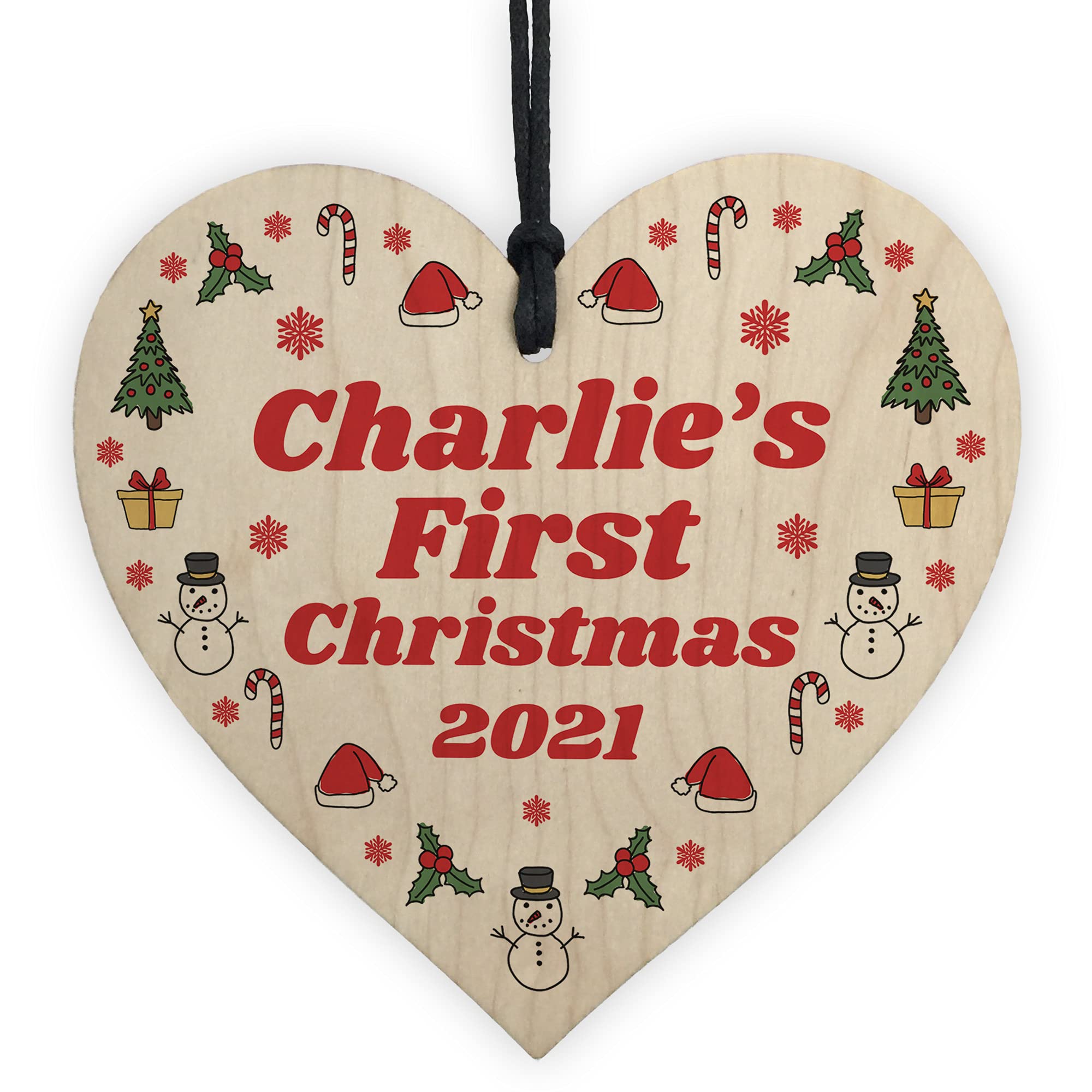 Personalised Baby's First 1st Christmas Bauble Wood Heart Tree Decoration Keepsake