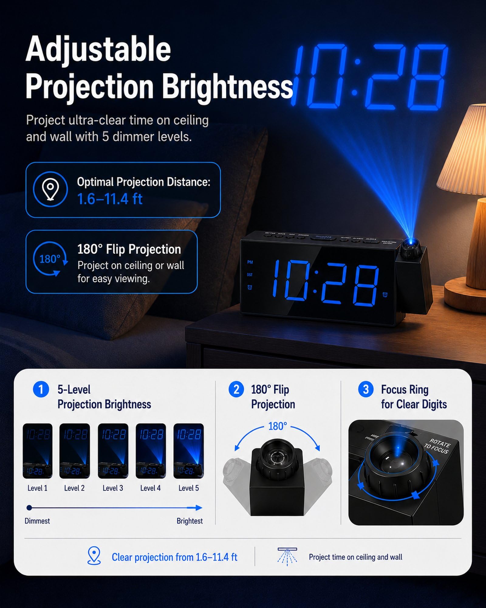 Amazon.co.jp: 寝室用プロジェクター目覚まし時計 LEDデジタル時計