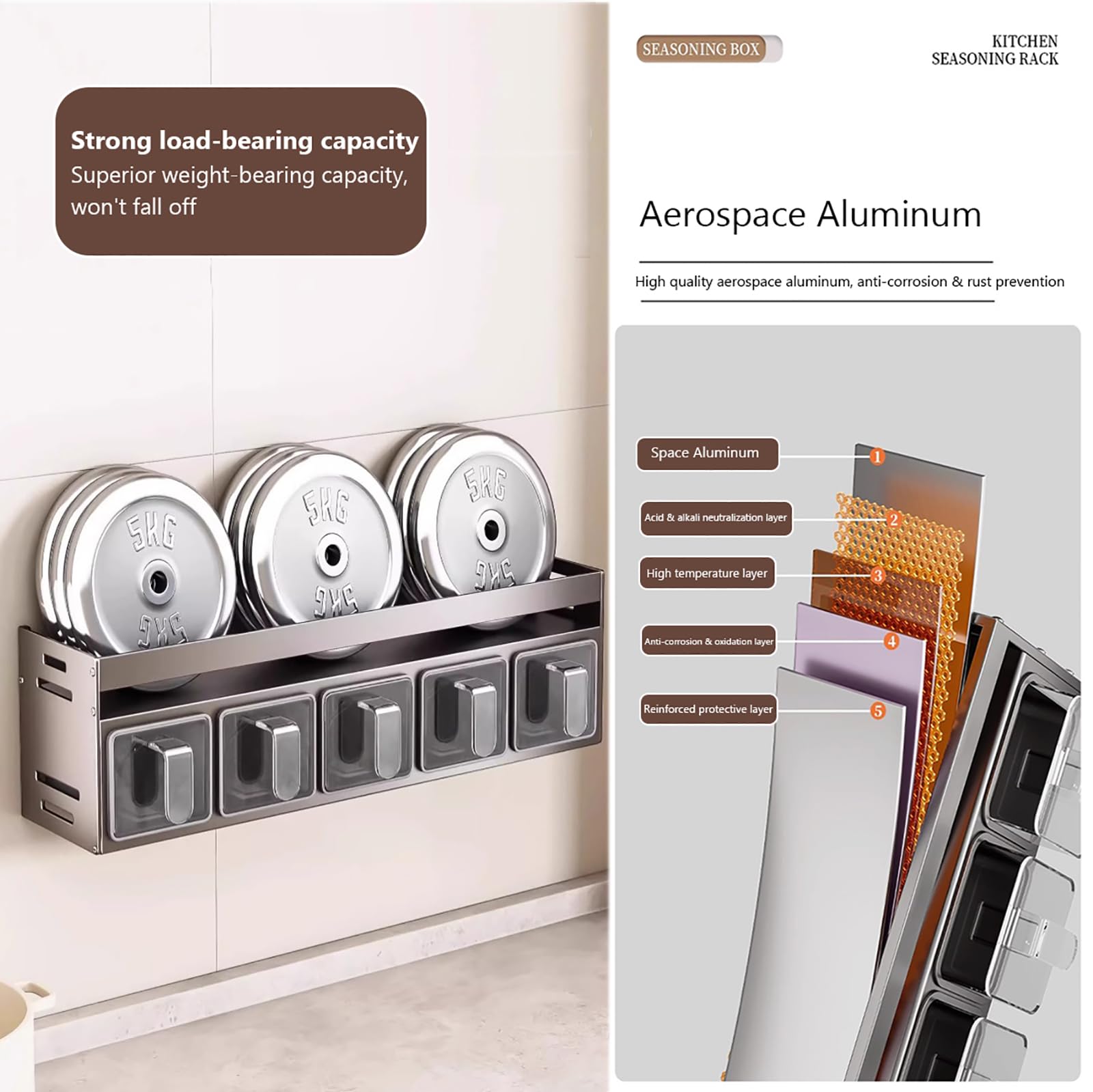 Estante de especias montado en la pared para cocina, 5 recipientes para hierbas y especias con asas, ideal para sal azúcar y condimentos, especias blancas para almacenamiento en encimera