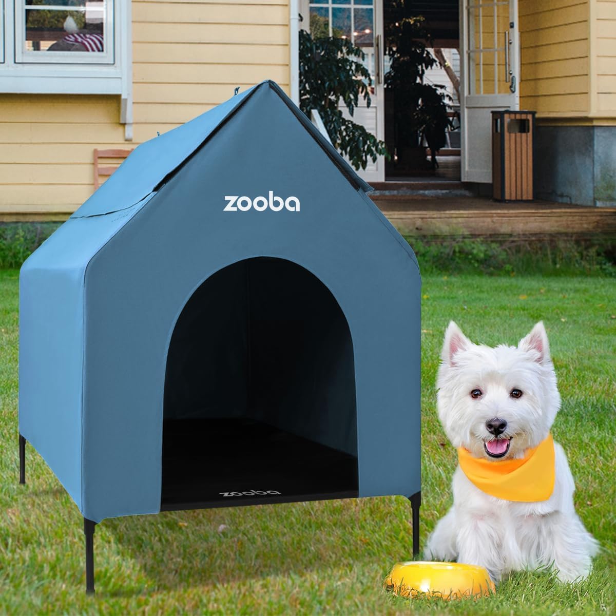 Zooba 29" 2-in-1 Dog House for Medium Dogs, Elevted Dog House Outdoor/Indoor, Weatherproof Elevated Pet Shelter, Breathable Mesh & Steel Frame, Easy to Assemble & Clean(Blue)