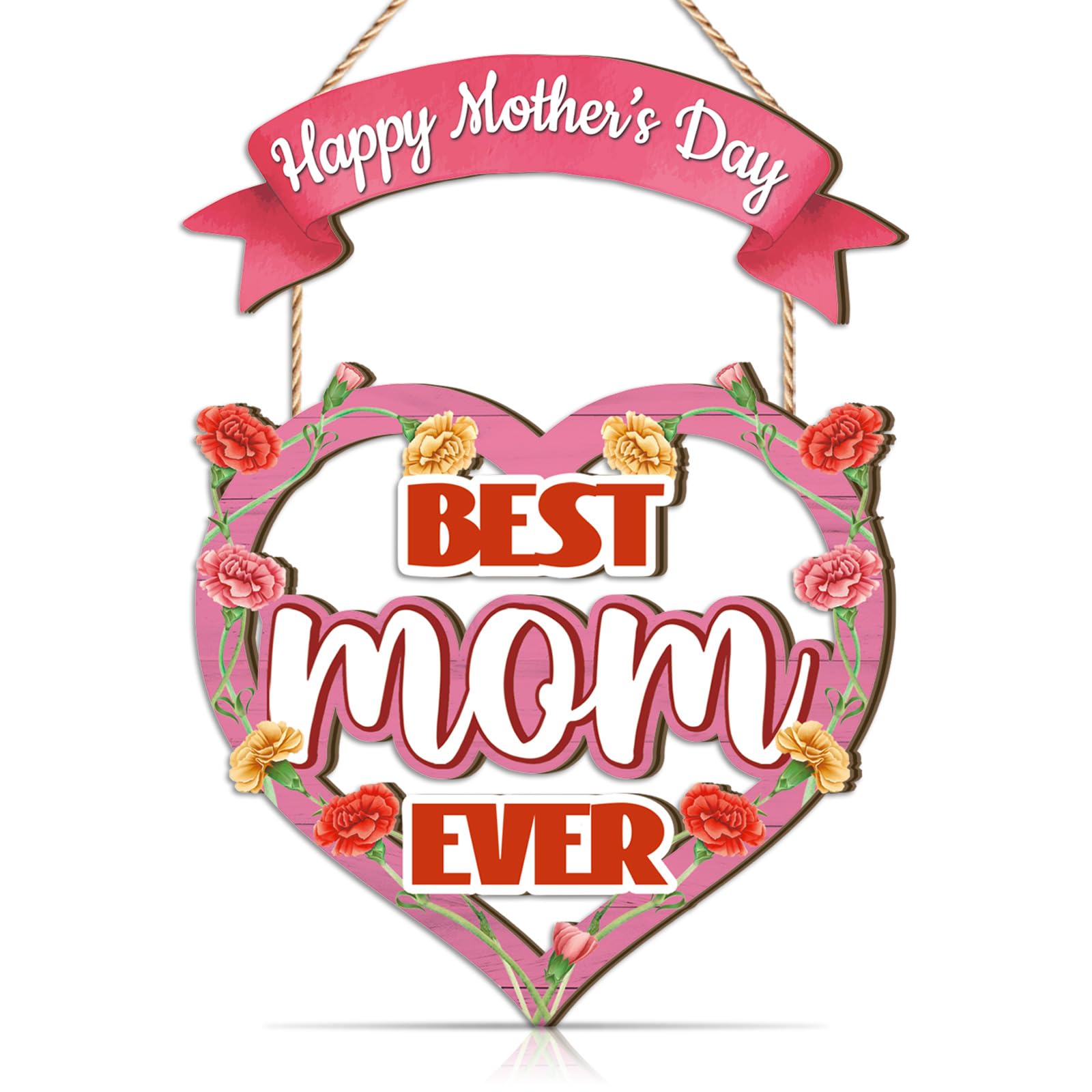 HPNIUB Happy Mother's Day Wooden Hanging Sign Best Mom Ever Heart-Shaped Door Plaque with Colorful Carnations Wall Decor for Mom Sweet Rustic Plaque Ideal Motherβs Day Gift