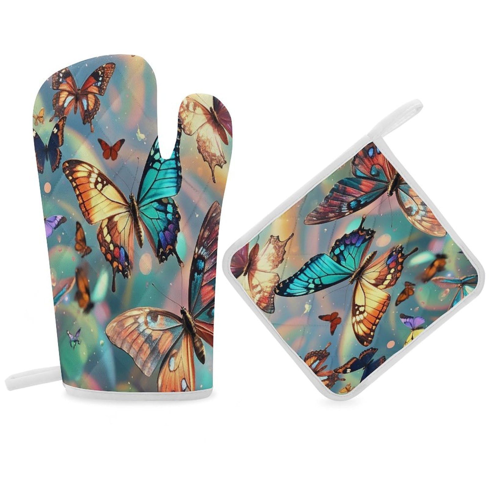 Color Butterfly Background Oven Gloves and Heat Insulation Pads Double Layer Thermal Insulation Thick Temperature Gloves for Cooking Baking Roasting