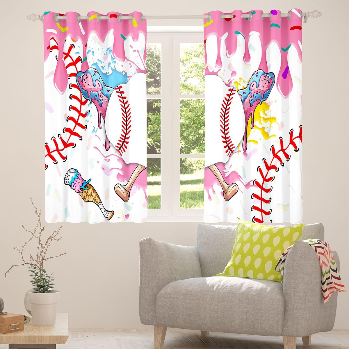 Homewish Baseballowe zasłony okienne, 117 x 183 cm, 2 panele – urocze estetyczne zasłony zaciemniające z lodami, pastelowe różowe, graffiti, sportowe zasłony okienne, do sypialni