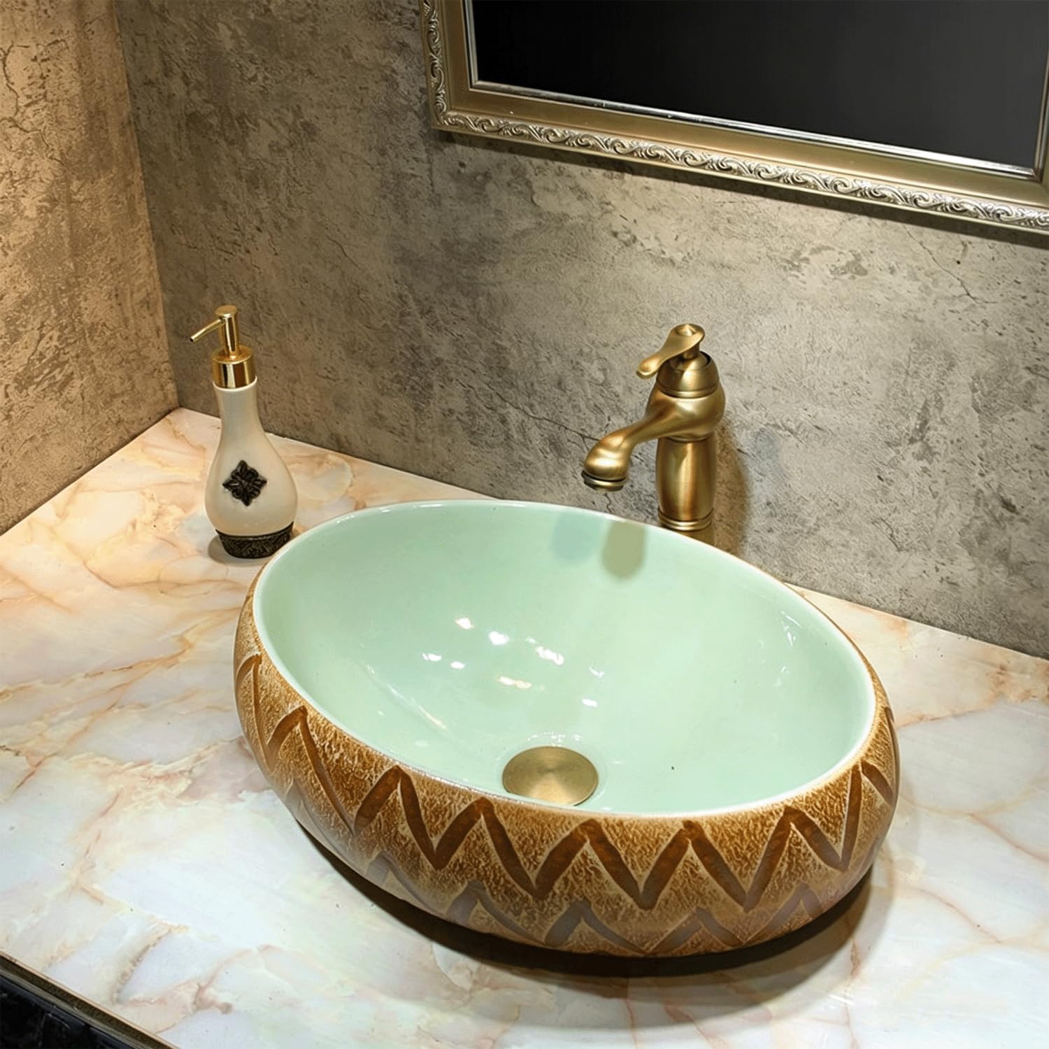 QjxSXLFSX Oval Bathroom Sink Bowl, Ceramic Bowl Sinks for Bathrooms,rounded edges and corners, increased depth,for Bathrooms and Homes,F,47×33×15cm