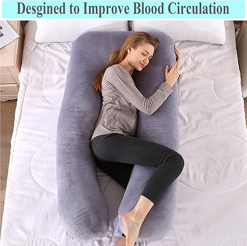 Miniatura 6 de Almohada de embarazo, almohada de cuerpo completo en forma de U con funda extraíble de terciopelo, almohada de cama múltiple de 51 pulgadas,