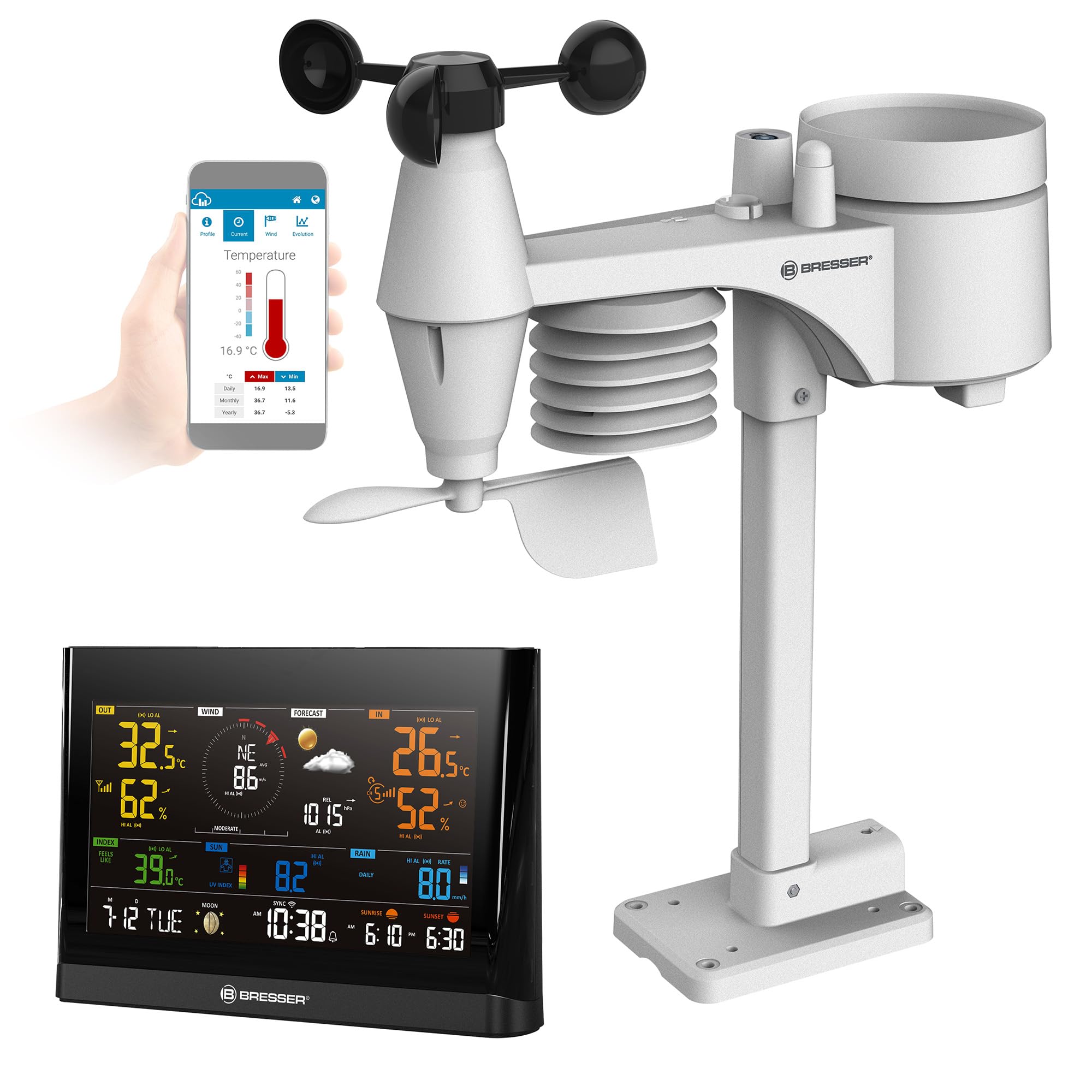 Bresser Comfort Wi-Fi Weather Station with Professional 7-in-1 Sensor and Modern Colour Display - Black