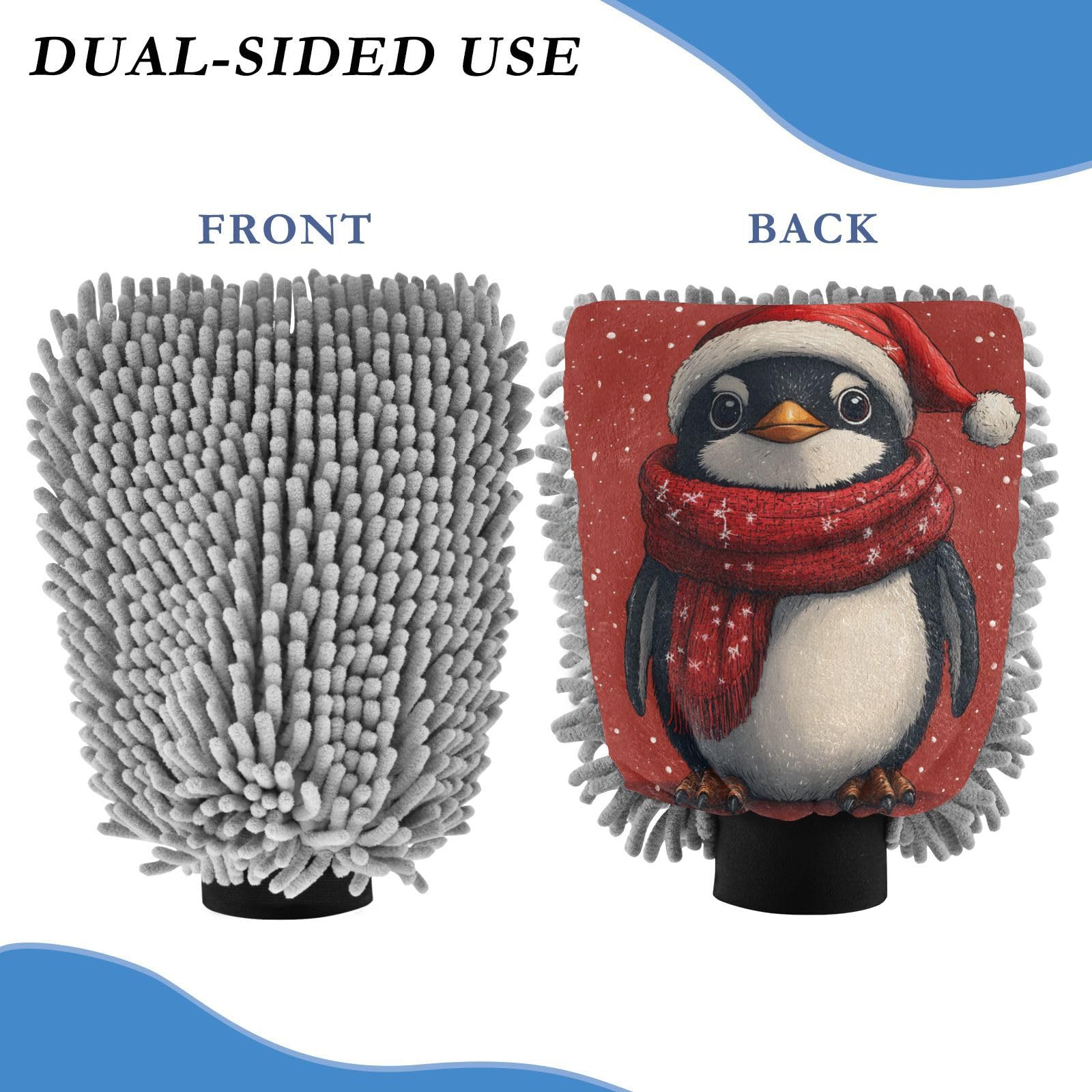 ALAZA Christmas Penguin Car Wash Mitt Scratch Free, 2 Pack Absorbent Microfiber/Chenille Washing & Drying Mitts, L