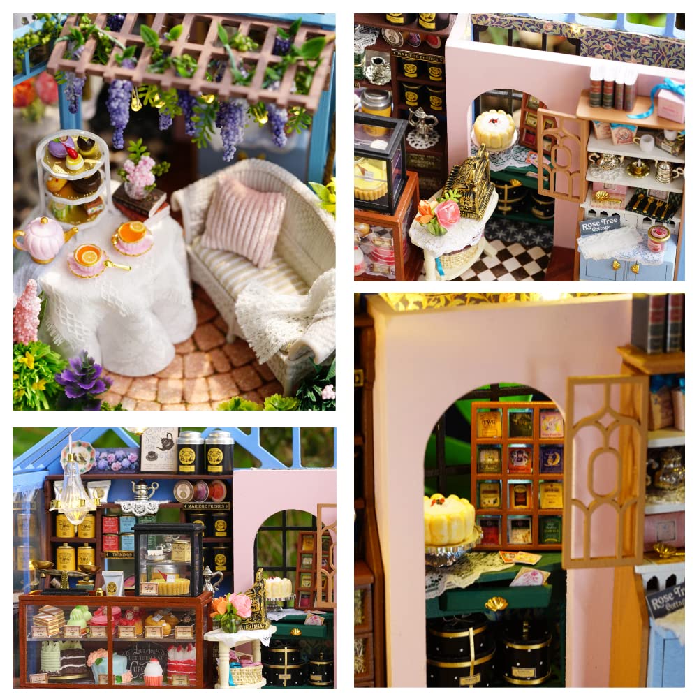 Maison de poupée miniature en bois à monter soi-même - Mini serre avec LED - Cadeau d'anniversaire pour garçons et filles (maison de thé)