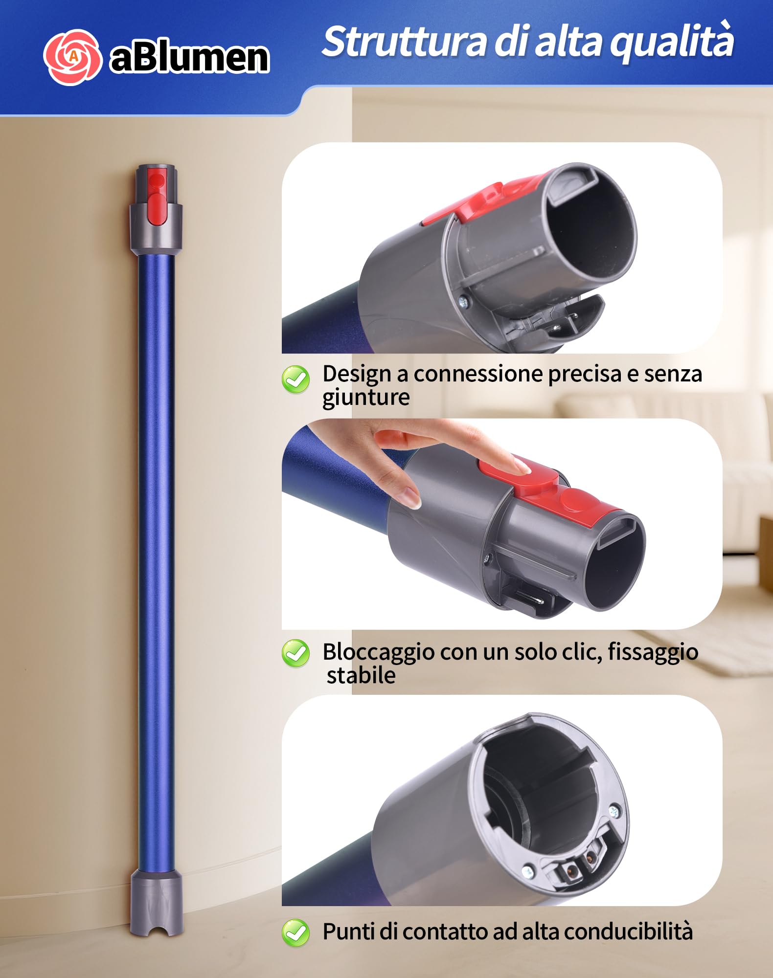 Tubo di Prolunga per Dyson V15 V11 V10 V8 V7, Tubo a Sgancio Rapido Telescopico Asta Rigida Prolunga 72 CM (Blu)