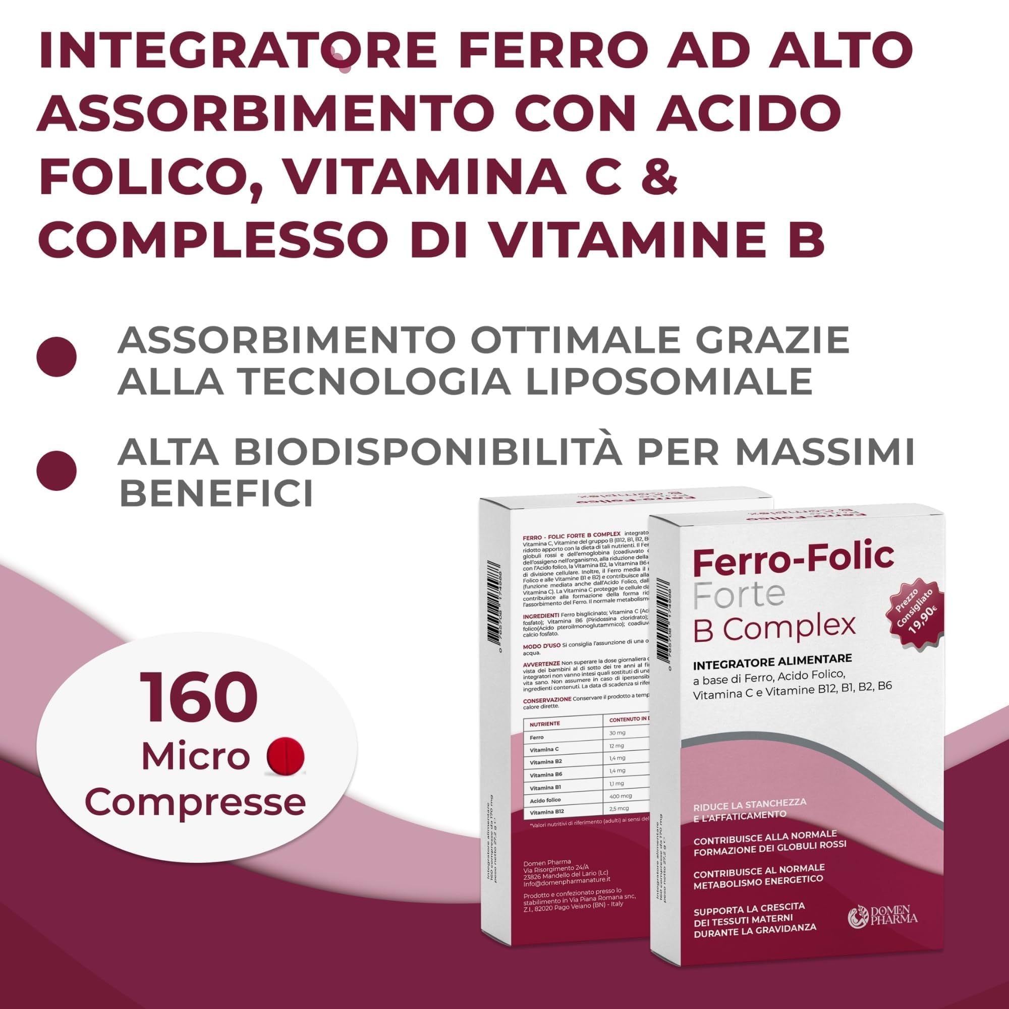 FERRO FOLIC Integratore Ferro 160 compresse ad alto dosaggio, ferro acido folico e Vitamina B12 con Complesso B e Vitamina C. Ferro Bisglicinato alta biodiodisponibilità e Acido Folico naturale.