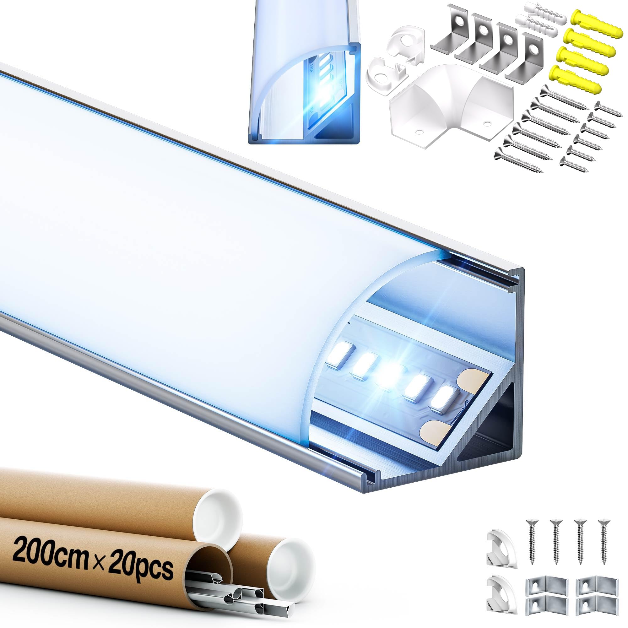 LED Aluminiumprofil 2m U-Profil Aluminium, LED-Trockenbauprofil für LED-Streifen/LED-Leiste/LED-Profil, mit milchig weißer Abdeckung – Endkappen und Montageclips (6 x 2m (12m) WJ30 U)
