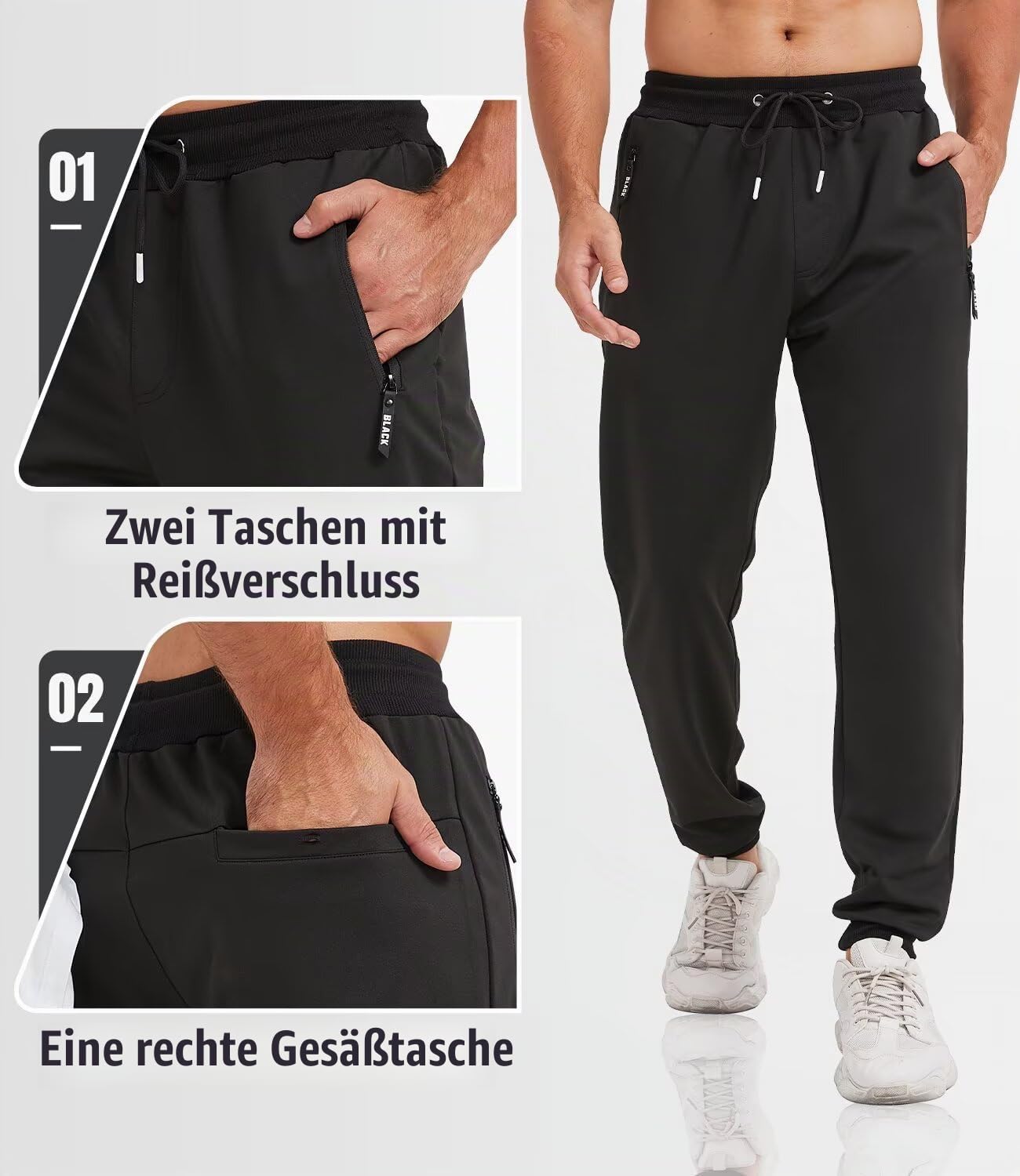 lomsoe 3er-Pack Jogginghose Herren Tapered, Trainingshose Herren mit Reißverschlusstaschen, Sporthose Herren Lang Sweatpants Fleece Slim Fit für Laufen und Fitness