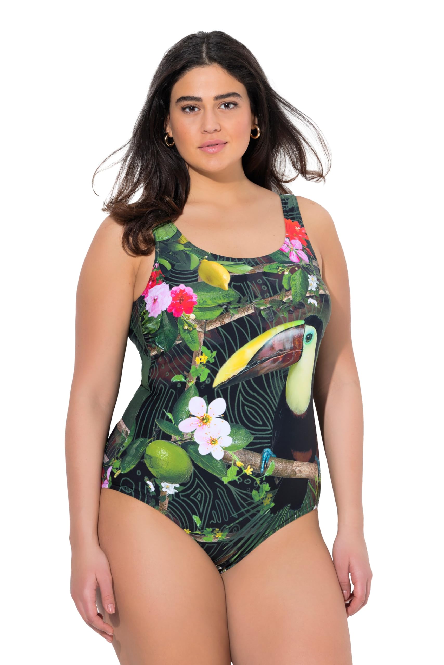 Ulla Popken Damen große Größen Übergrößen Plus Size Badeanzug, Tukan, ohne Softcups, Rundhalsausschnitt 837455