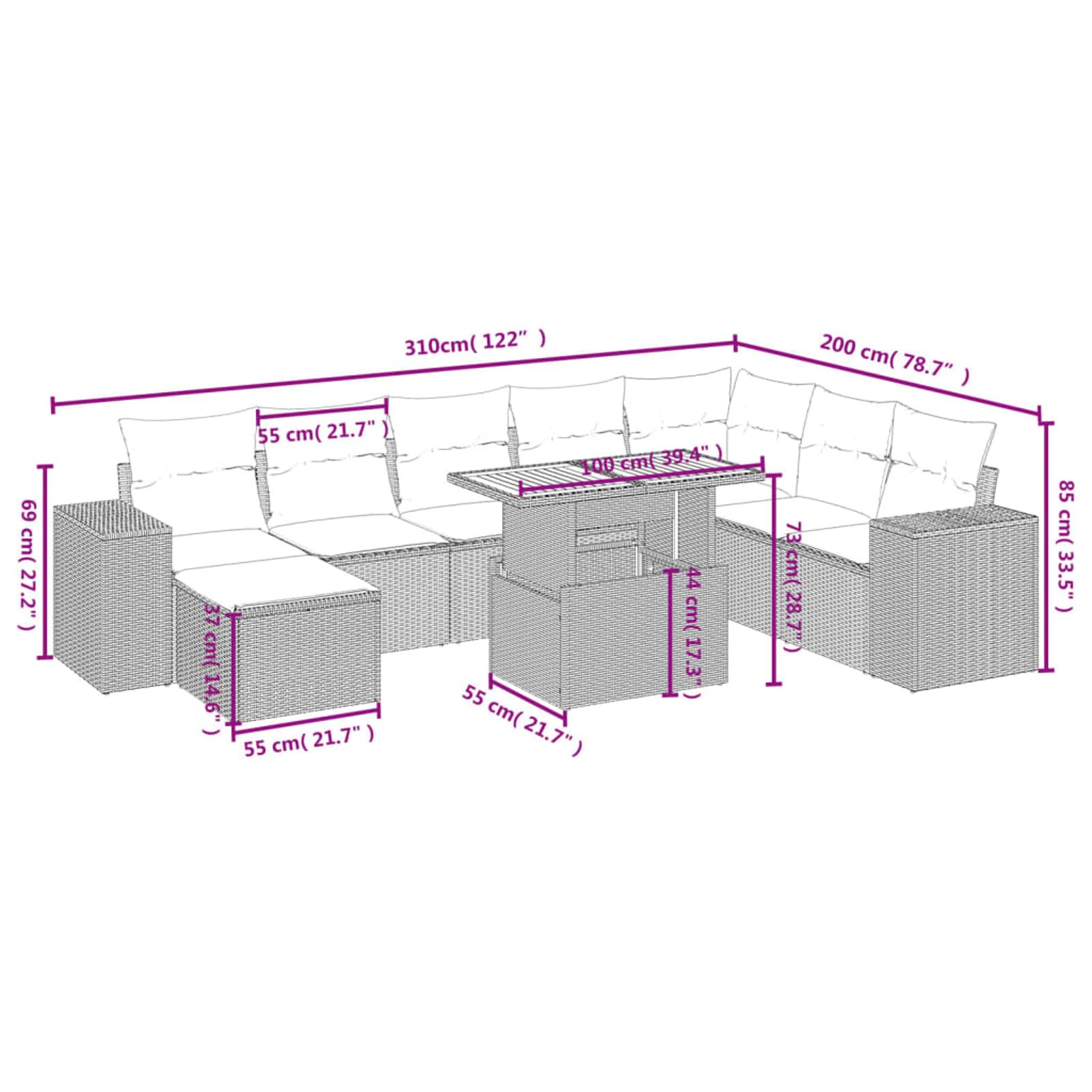 Lechnical Set Divano da Giardino 9 pz con Cuscini Beige in Polyrattan,Set di Conversazione per Patio,Set Salotto da Esterno,Set Divano da Giardino Esterno-3275964