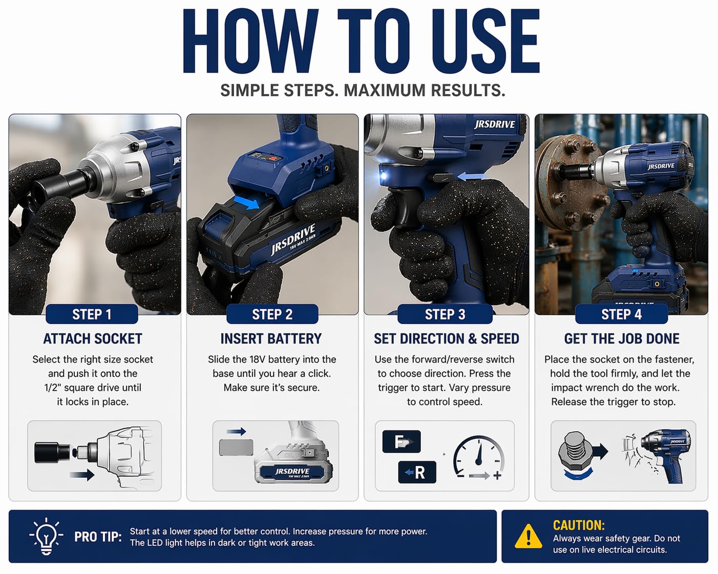 JRSDRIVE 18V Cordless Impact Wrench, 1/2" Square Drive, Brushless Motor, High Torque, Variable Speed, Battery & Charger Included 4