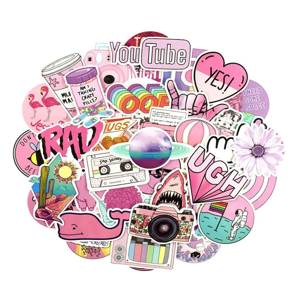Euyuan Girls Pink Cute Vsco Stickers, 53Pcs Cartoon Ins Style Vsco Stickers For Laptop,Skateboard, Luggage, Refrigerator, Notebook Laptop,Phone,Water Bottles Etc