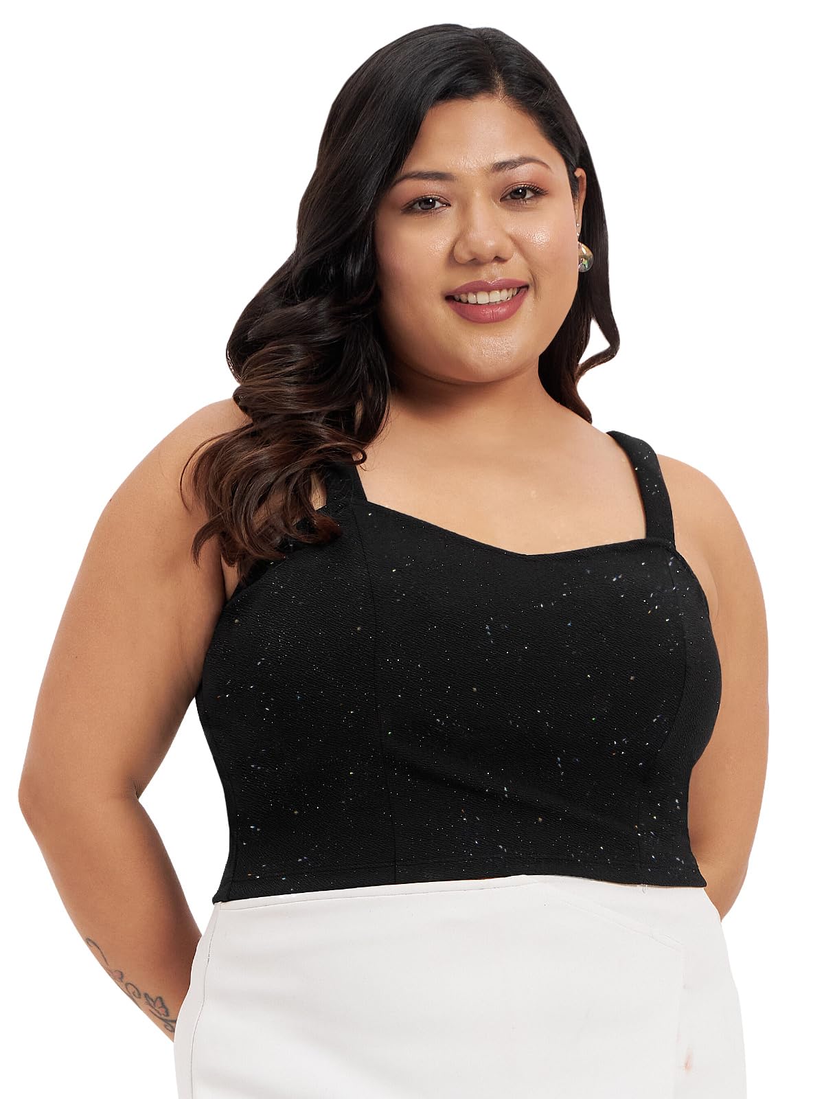 wild U Women Plus Size Crop Top | Stretchable | Glitter | Stylish | Shimmer | Stretchable | Clubwear (Black, 3XL - 8XL)-picture-10
