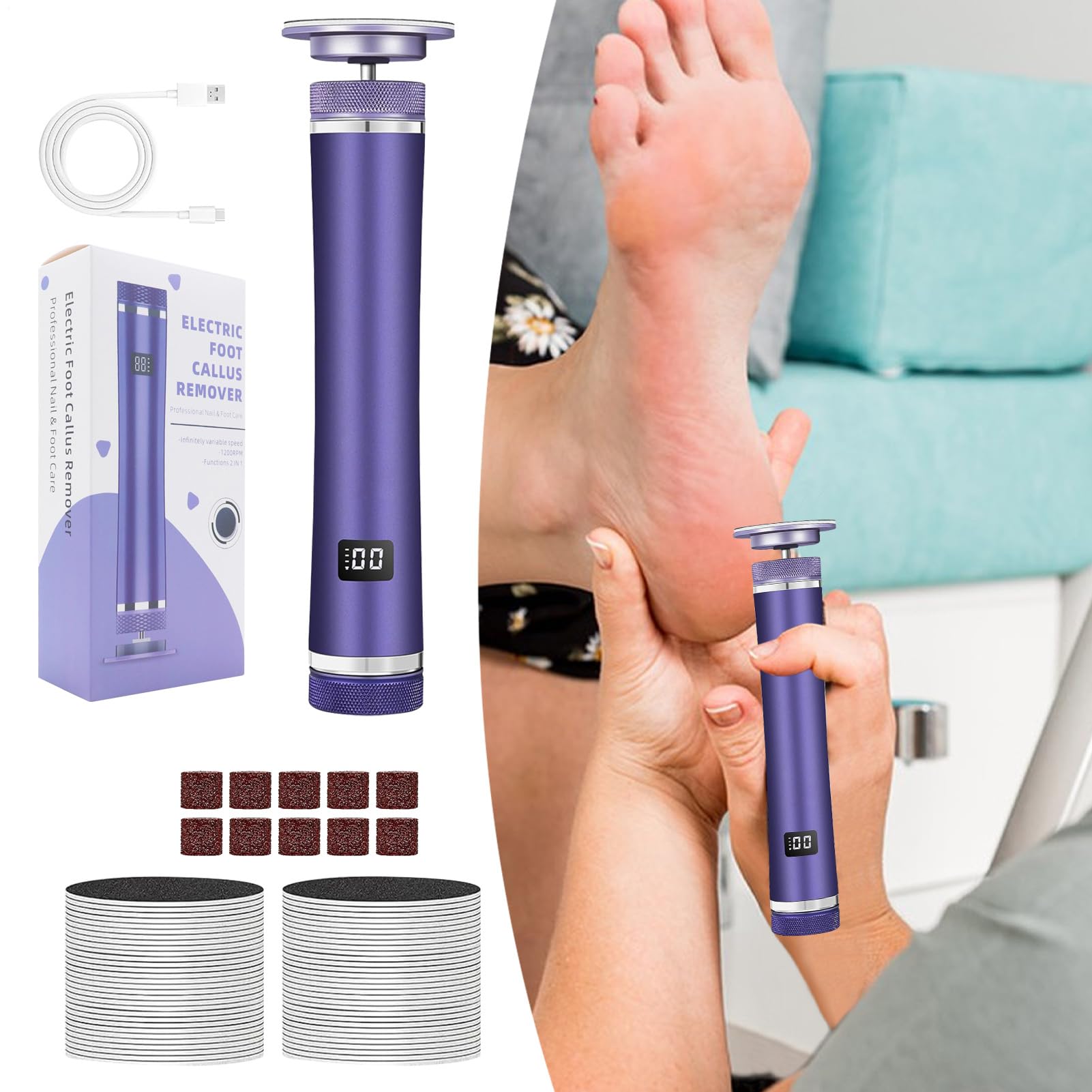 Pédicure Électrique Anti-Callosités Pieds Secs | Appareil de Soin des Cors Réglable,Râpe pour Talons Rechargeable 12 Vitesses - Soin des Pieds Peau Morte à Domicile Pédicure Femmes & Séniors Voyage