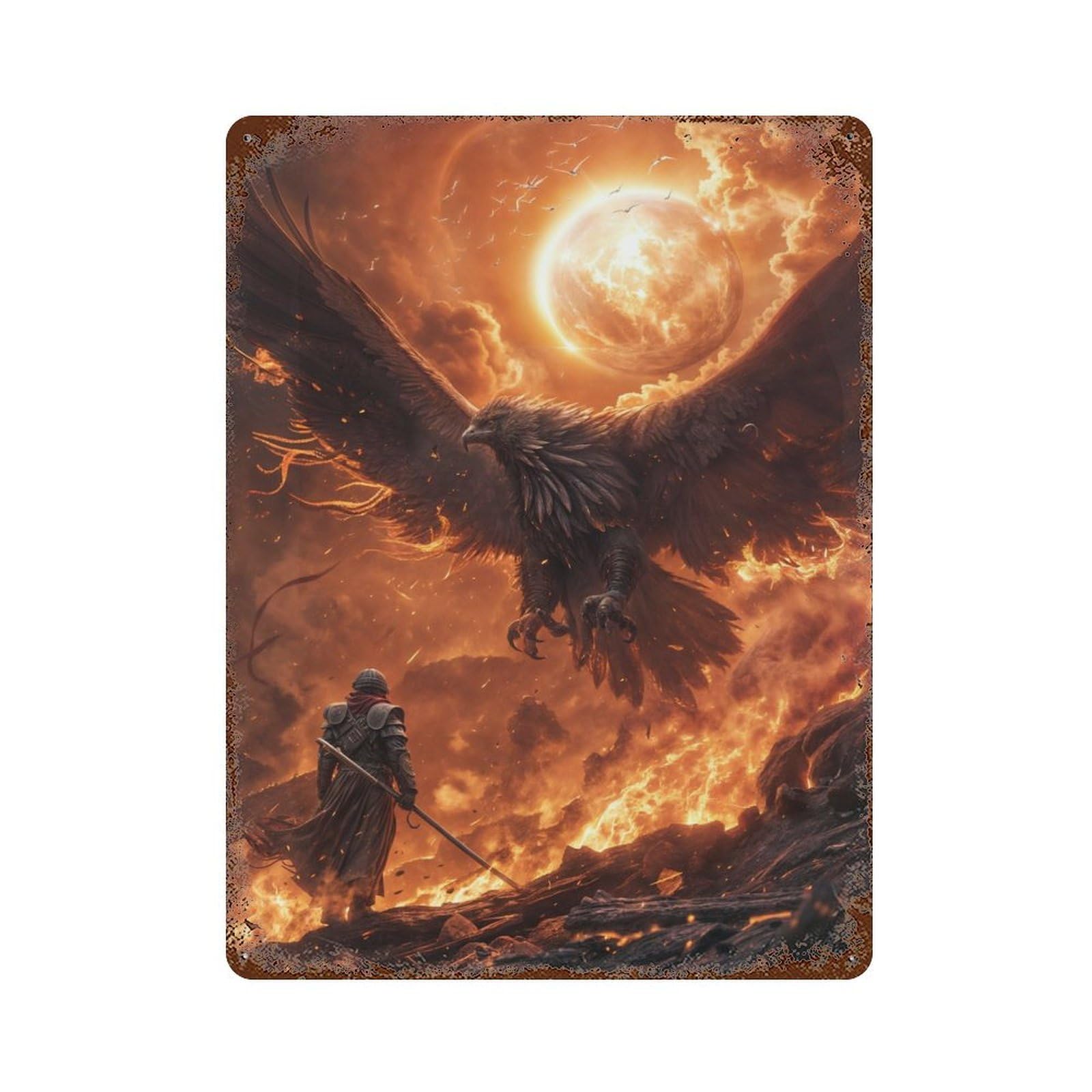 Fiery Battle with Phoenix Vintage Rust Metal Sign 15.7"x11.8", Ideal for Basement, Hobby Room And Garage Decor