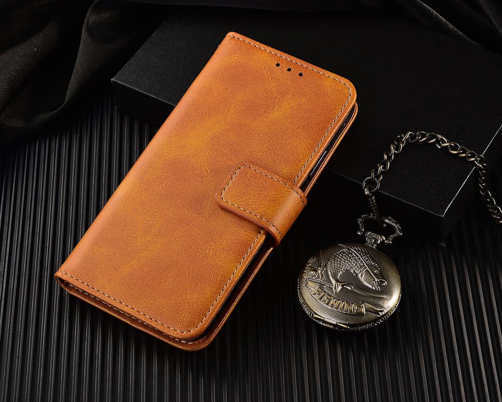 Image of ClickCase Dual Tone Vintage Series for Motorola Moto G05 Leather Wallet Flip Case Kick Stand Magnetic Closure Flip Cover for Motorola Moto G05 (Tan Brown)