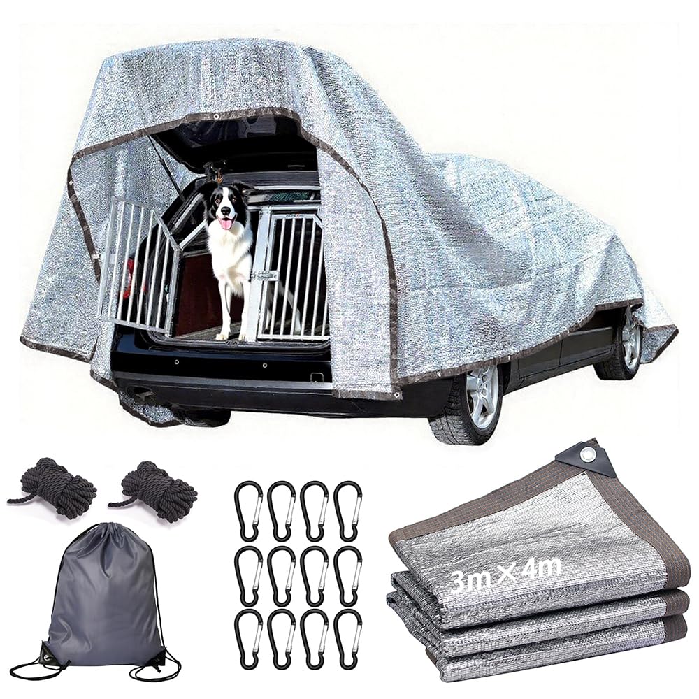 Filet d'ombrage pour voiture et chien 3x4 m, filet de protection solaire pour voiture, filet d'ombrage en aluminium, toile réfléchissante pour camping, filet d'ombrage en aluminium avec œillets 80% UV