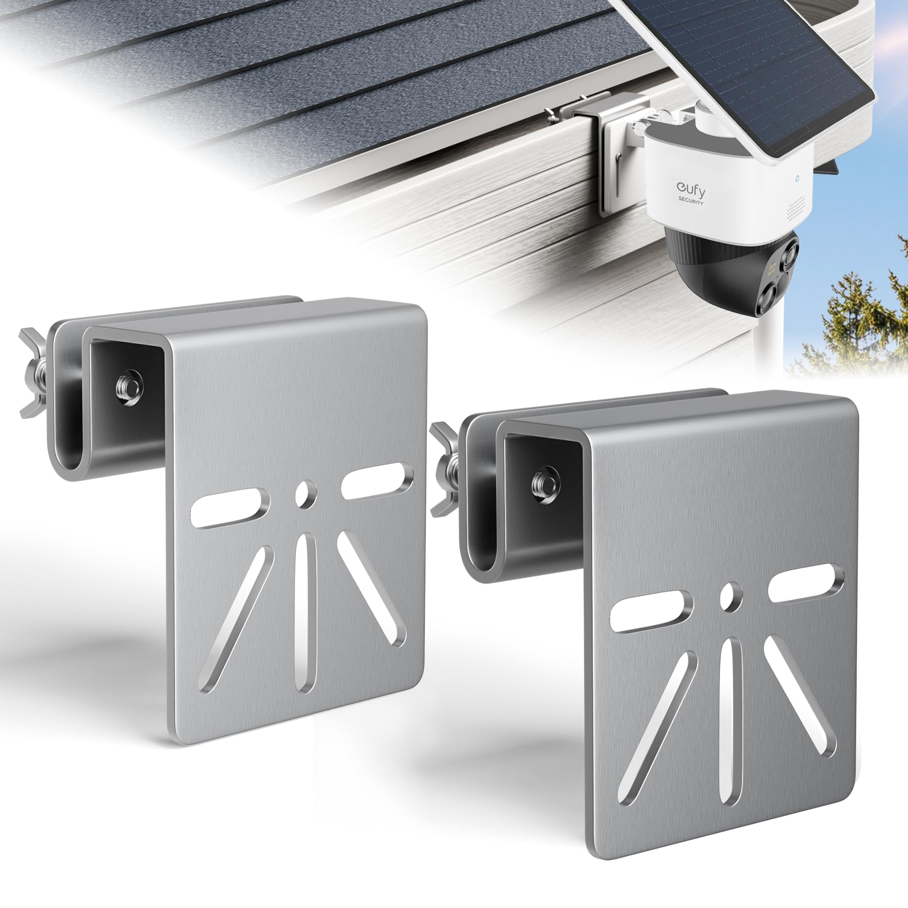 Gutter Mount for Security Cameras,Stainless Steel Eufy Camera Mount,No Drill Universal Mounting Bracket Compatible with Eufy S340/SoloCam E30, Reolink TrackMix, Tapo C425 & Solar Panels