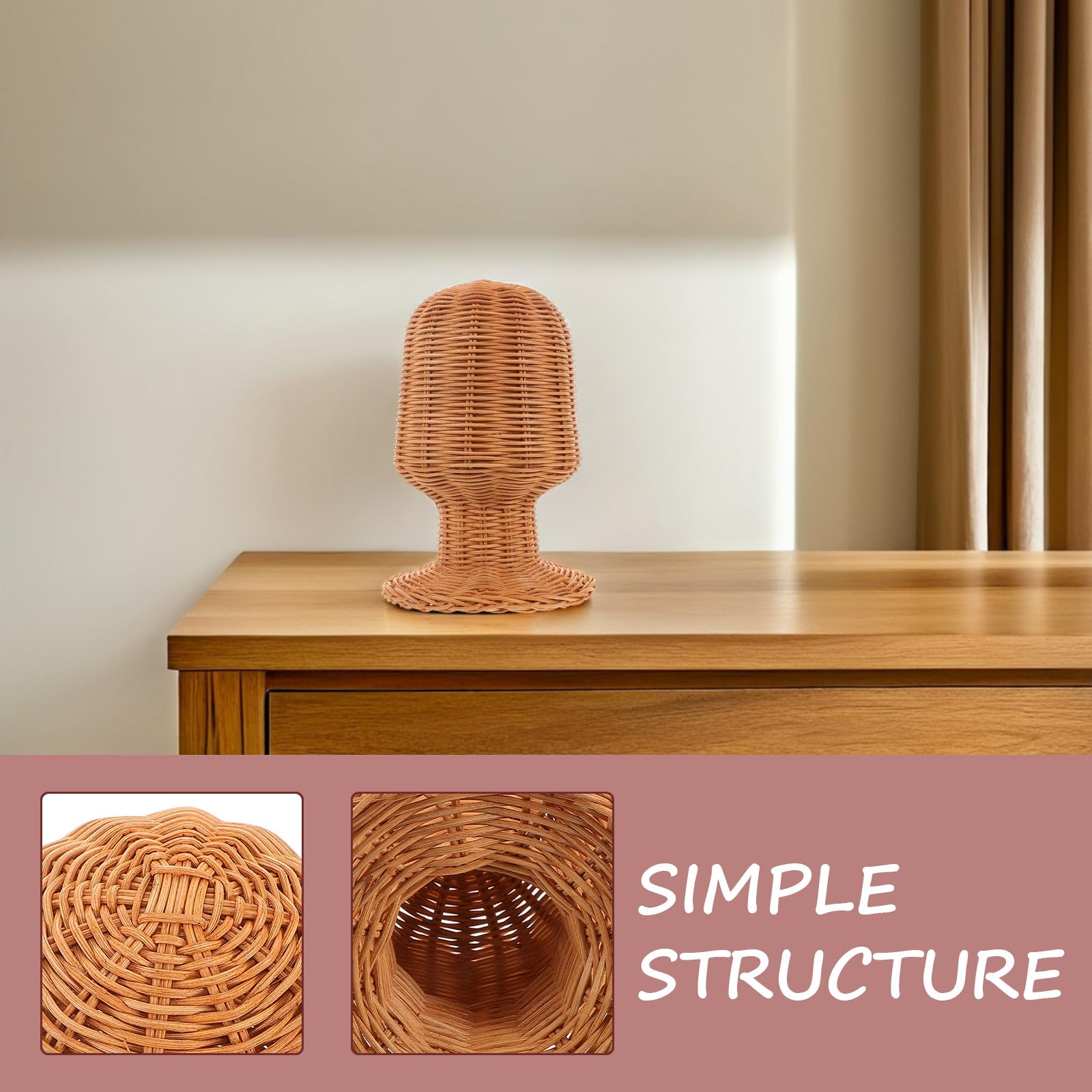 Soporte para Peluca de Ratán Tejido a Mano, Soporte Rústico para Exhibición y Almacenamiento de Pelucas y Sombreros, Altura 27 Cm, Adecuado para Salones y Uso Doméstico