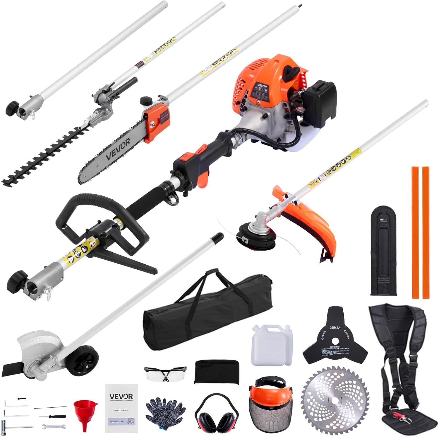 VEVOR 26cc Gas-Powered 7-in-1 Multi-Functional Pole Saw Tool — 12" Top-Handle Chainsaw with Extension Pole, Hedge Trimmer, Weed Eater/String Trimmer, Edger & Brush Cutter (3T/40T) 26cc 7-in-1 Gas Hedge Trimmer, Weed Eater, String Trimmer, 3T&40T Brush Cutter, Edger, Pole Saw Chainsaw Pruner